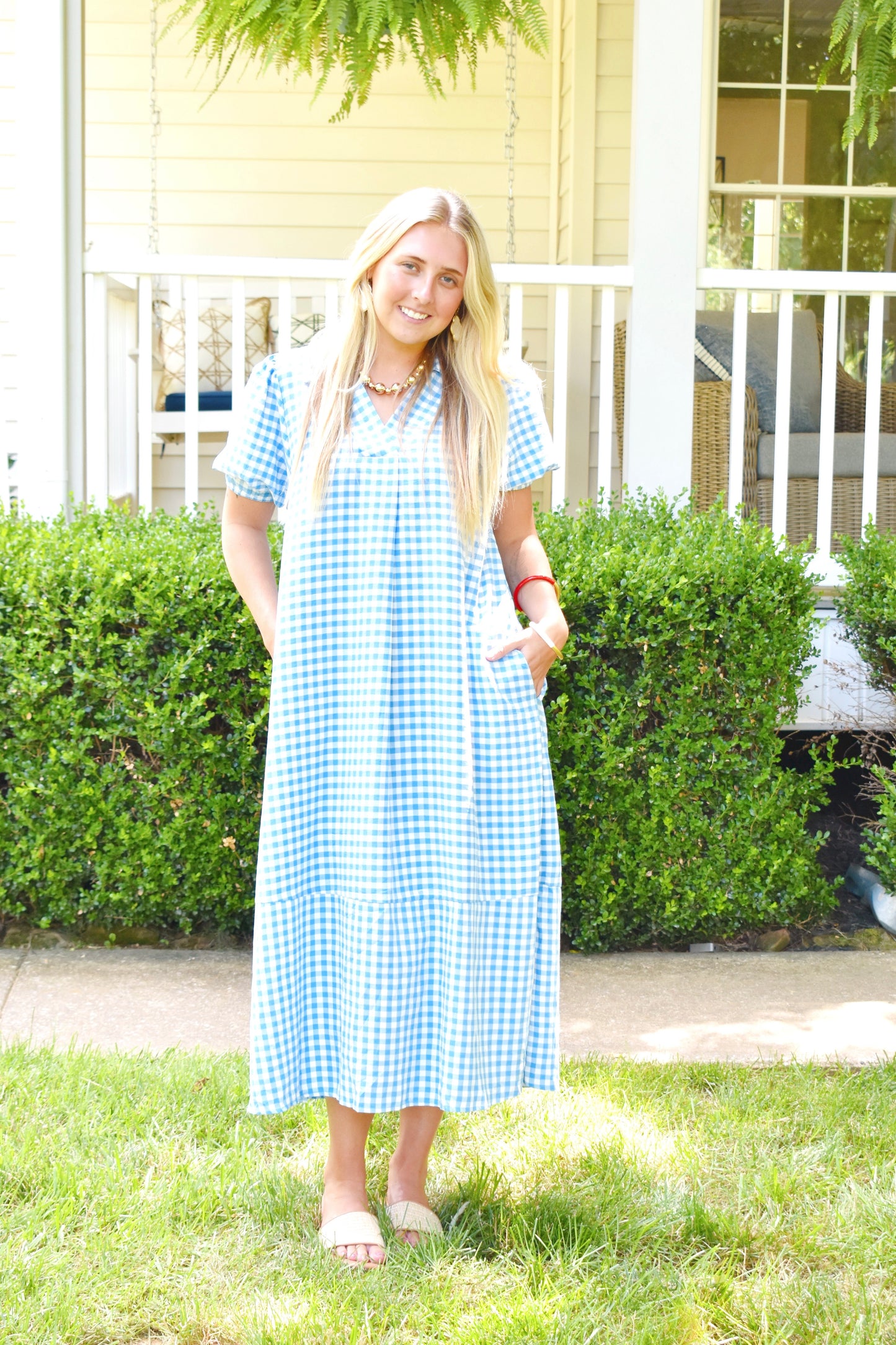 Blue Gingham Collared Midi Dress