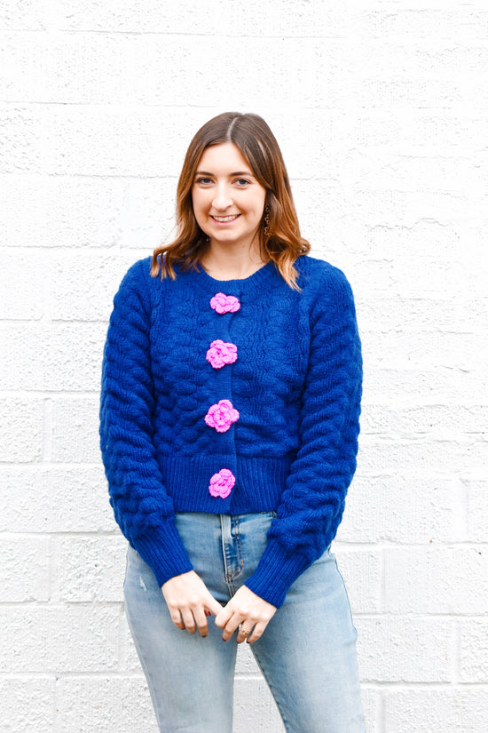 Navy & Pink Rosette Button Cardigan