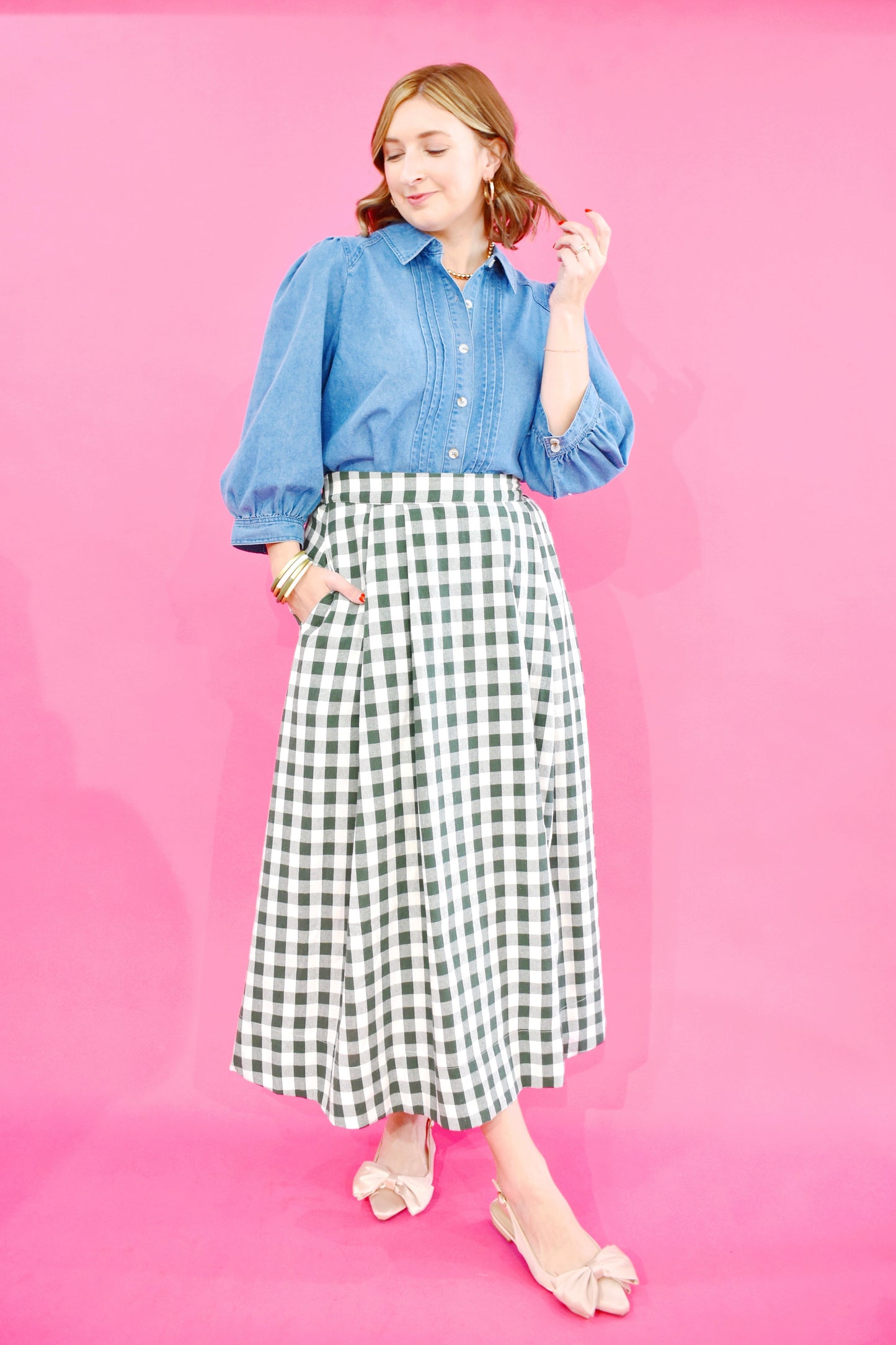 Green Gingham Midi Skirt