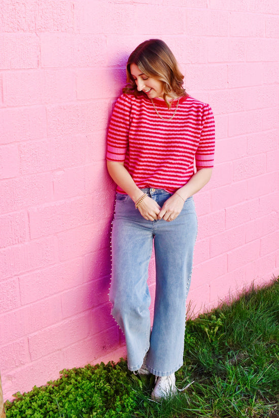 Pink & Red Striped Knit Sweater Top