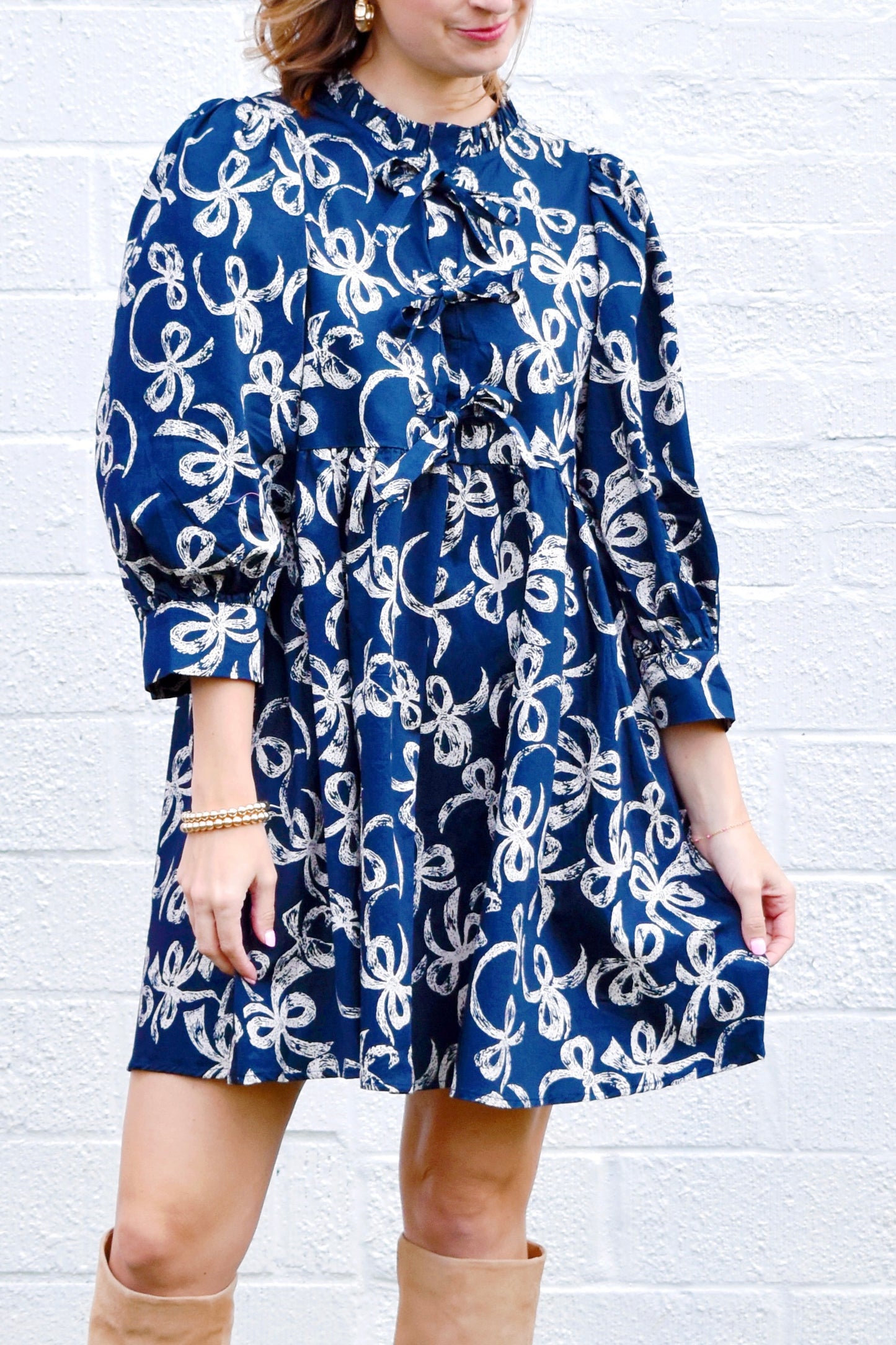Navy Bow Printed Babydoll Dress Confetti Boutique Navy Bow Printed Babydoll Dress Confetti Boutique