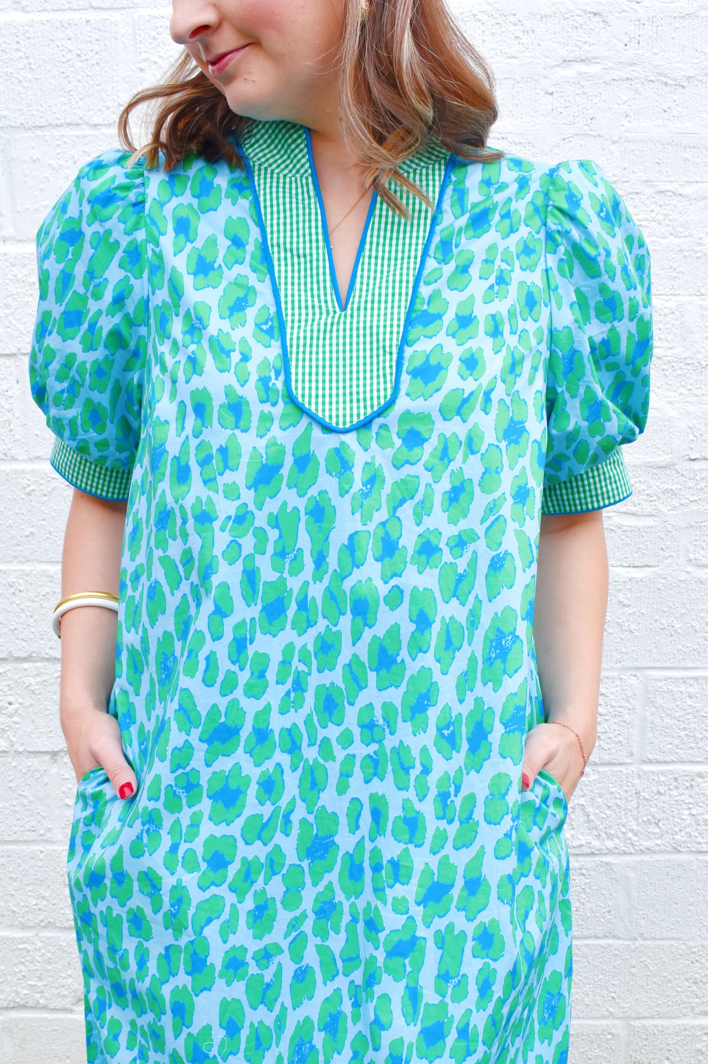 Green & Blue Leopard Spot Gingham Contrast Midi Dress
