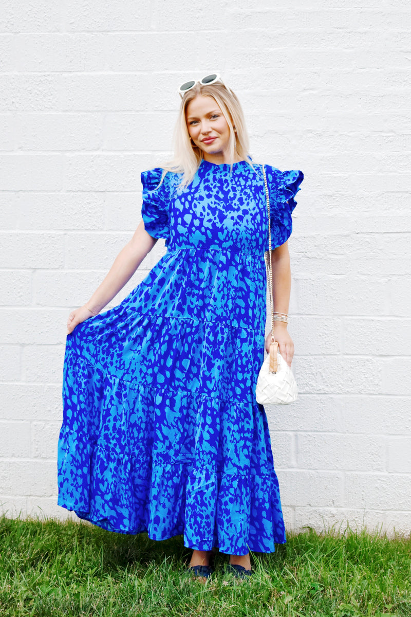 Navy & Blue Spotted Ruffle Sleeve Midi Dress – Confetti Boutique