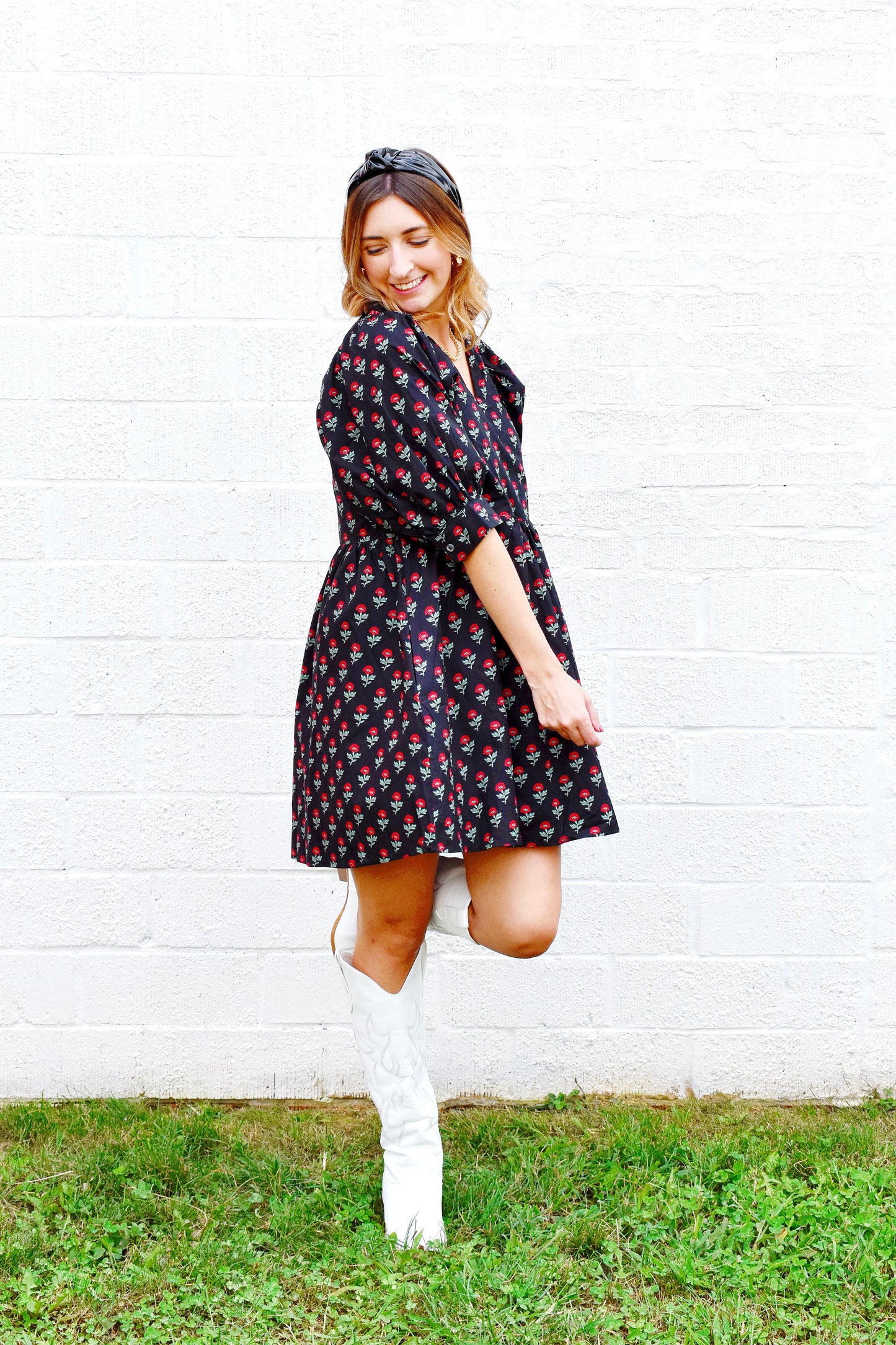 Black Red Floral Collared Dress