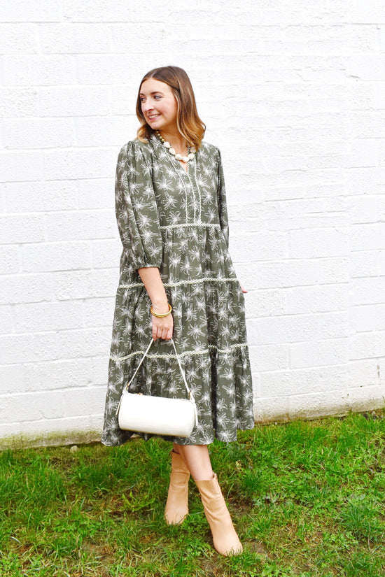 Olive Floral Striped Contrast Midi Dress