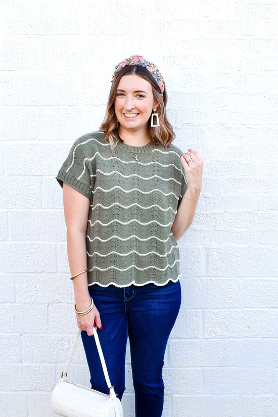 Olive Scallop Hem Wavy Line Sweater Top
