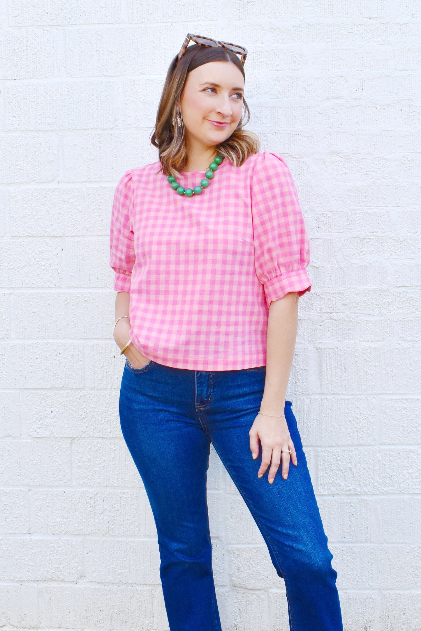 Pink Gingham Scallop Puff Sleeve Blouse