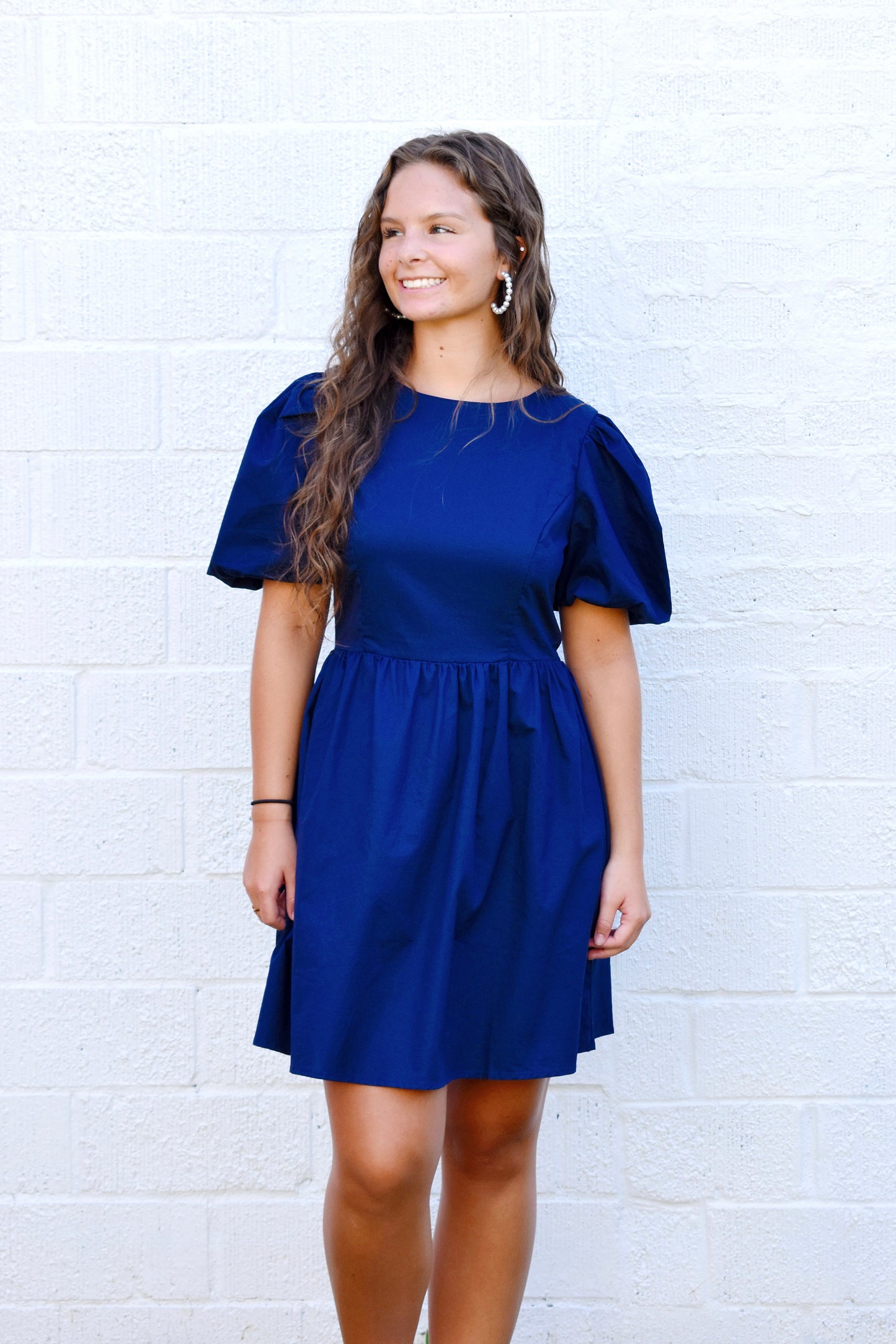 Navy Bubble Sleeve Dress White Bow Back