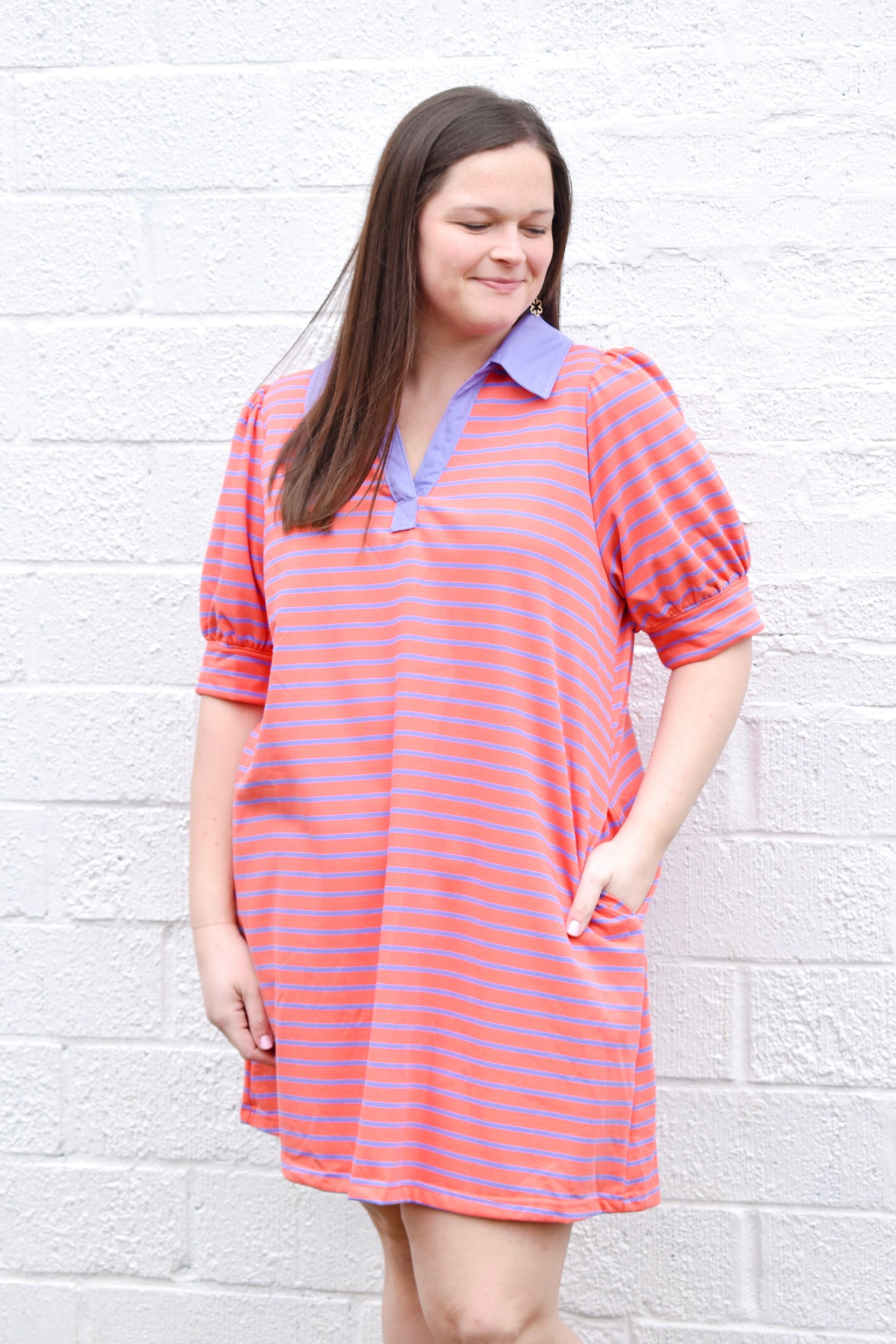 Plus Grapefruit Striped Collared Dress