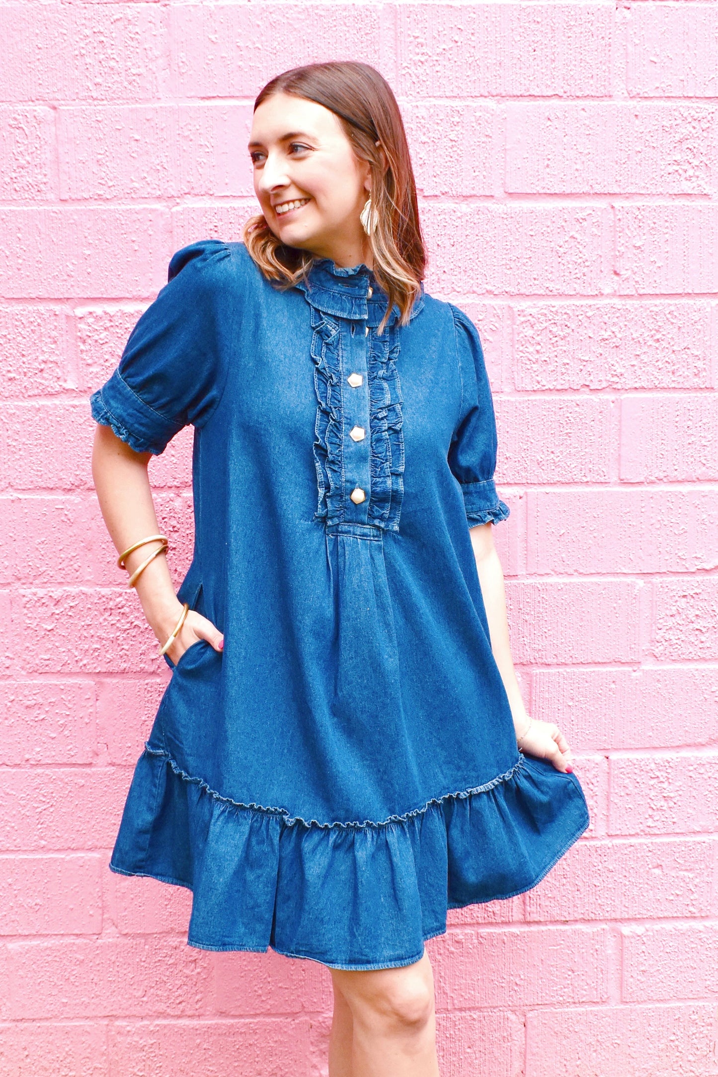 Denim Ruffle Collar Pearl Button Dress