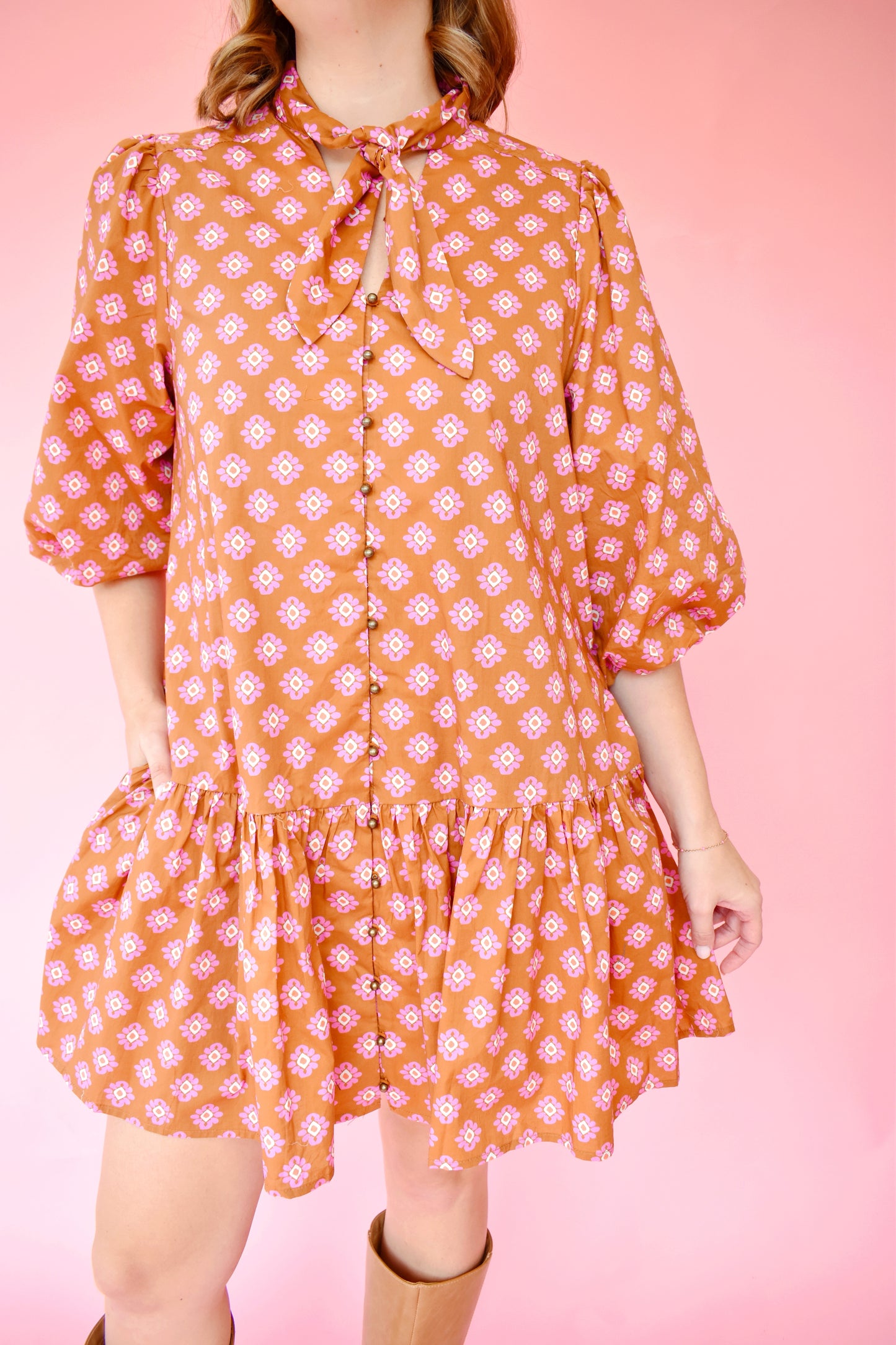 Camel Pink Floral Tie Neck Drop Waist Dress