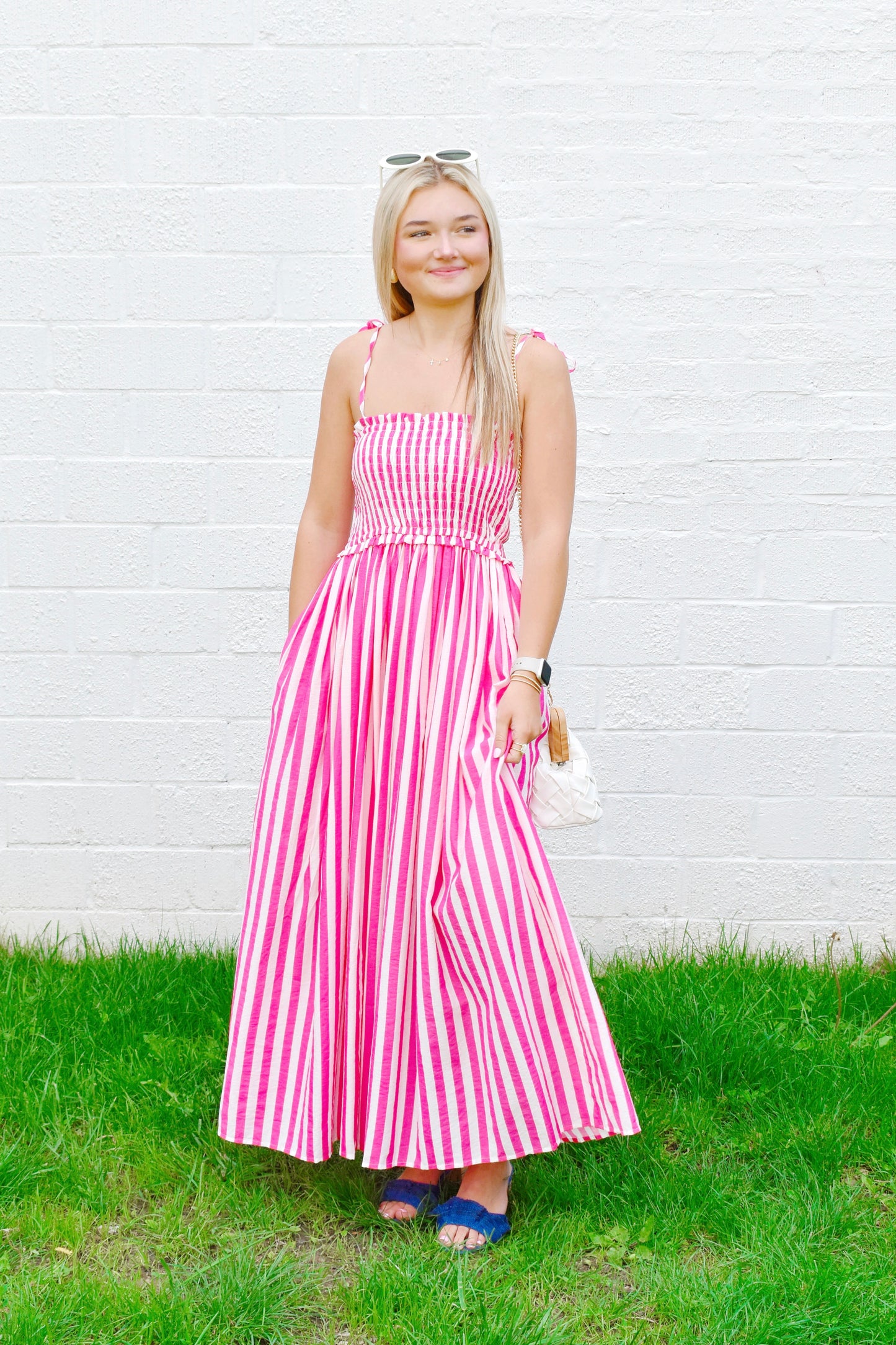 Hot Pink Striped Smocked Midi Dress Confetti Boutique Hot Pink Striped Smocked Midi Dress Confetti Boutique