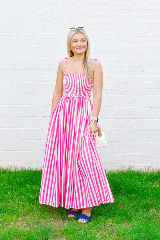 Hot Pink Striped Smocked Midi Dress Confetti Boutique Hot Pink Striped Smocked Midi Dress Confetti Boutique
