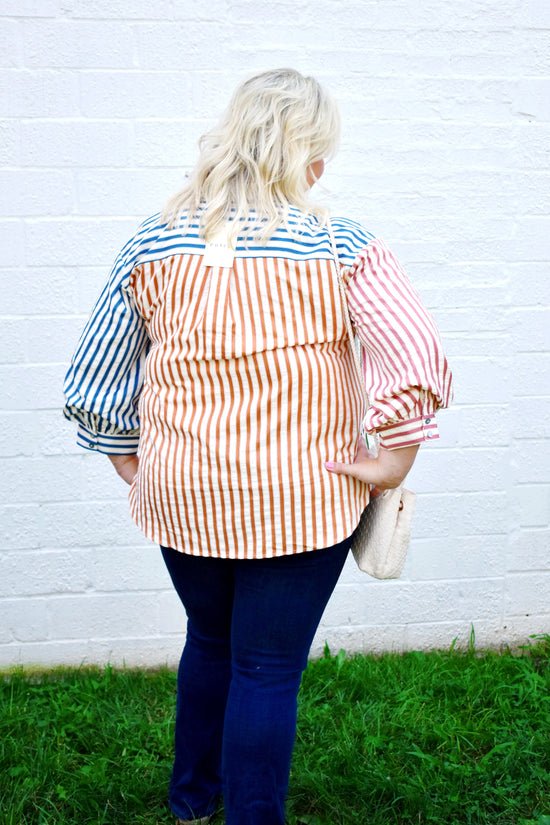 Plus Fall Color Block Striped Button Down
