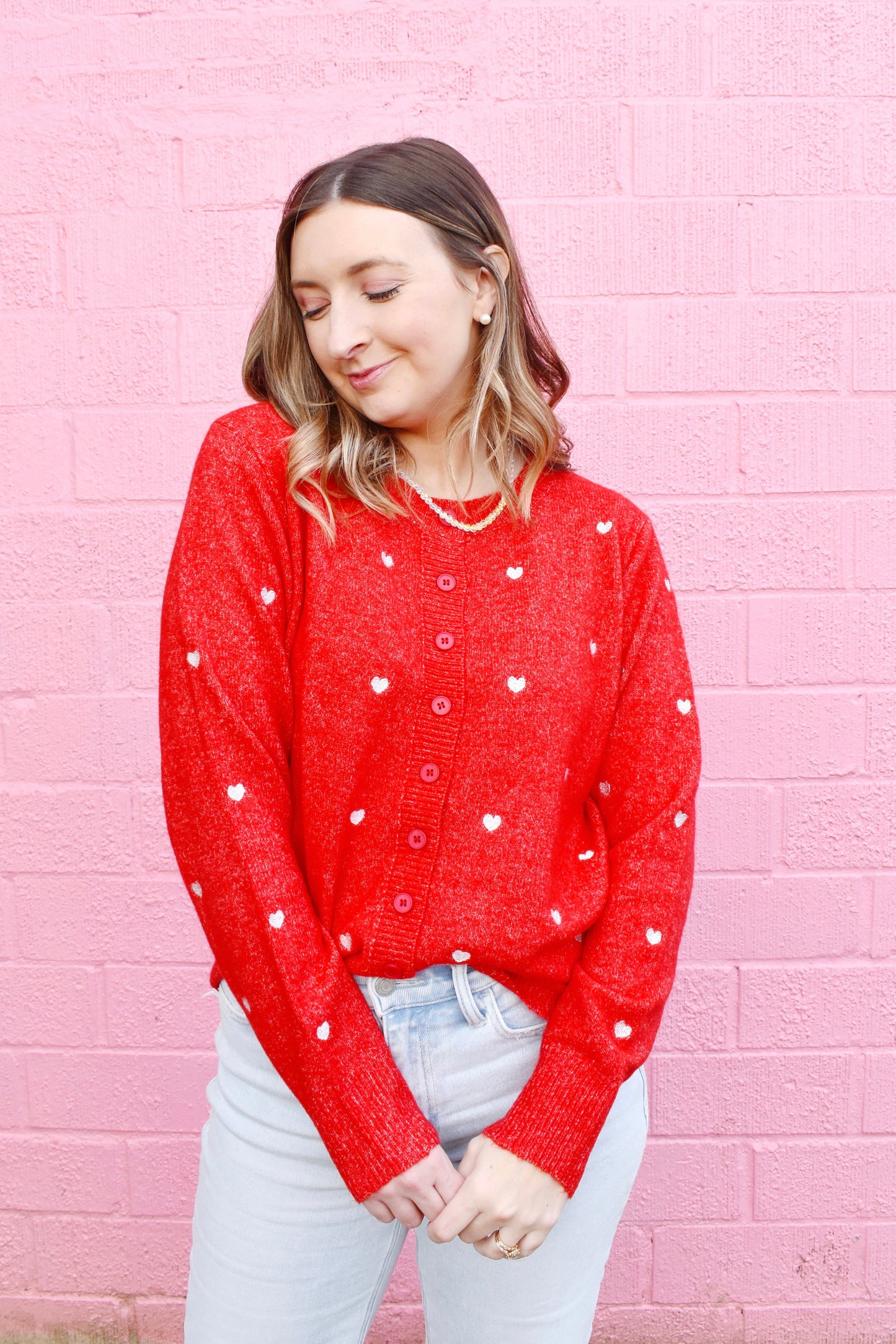 Red Heart Embroidered Cardigan Sweater