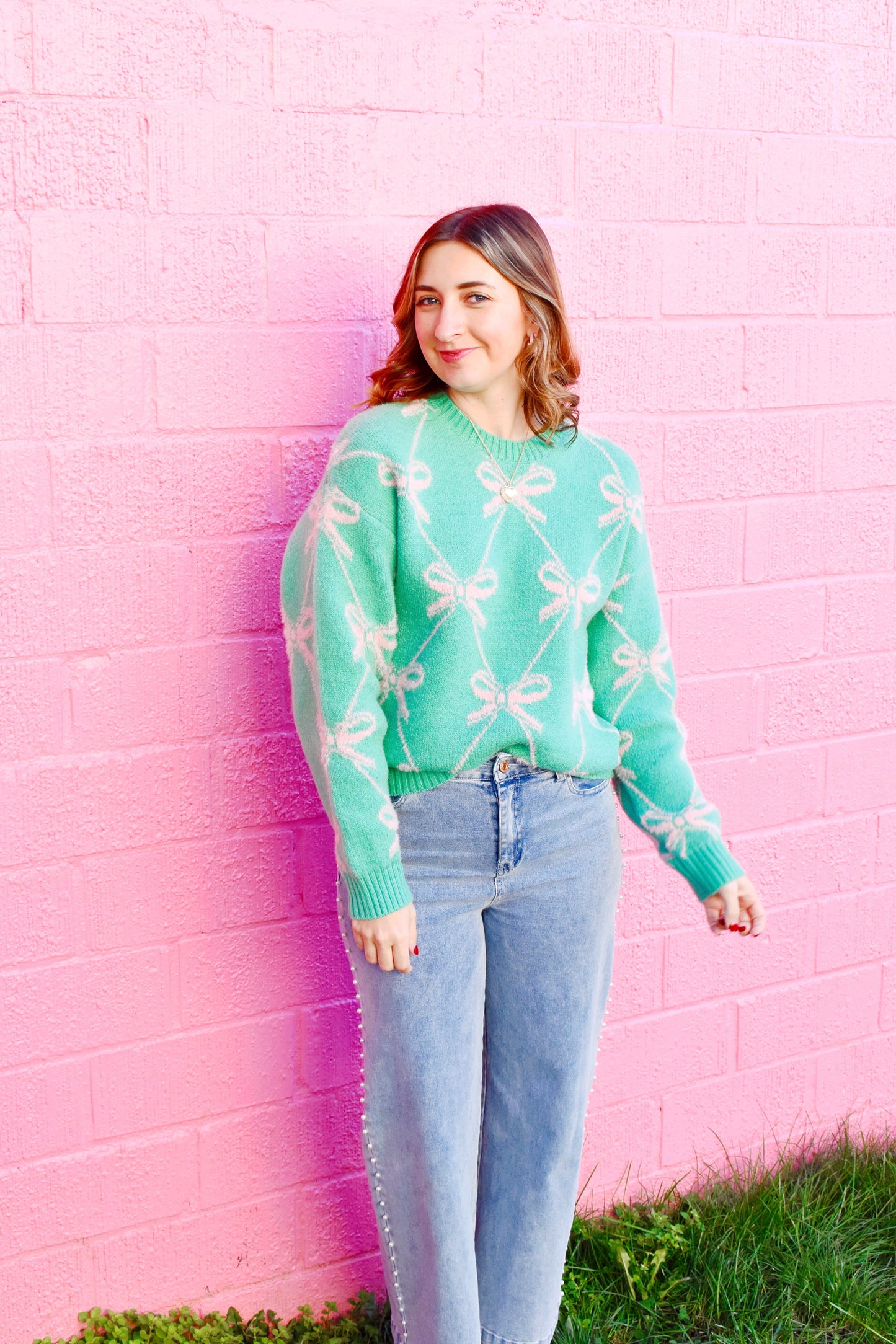 Green & Pink Preppy Bow Sweater