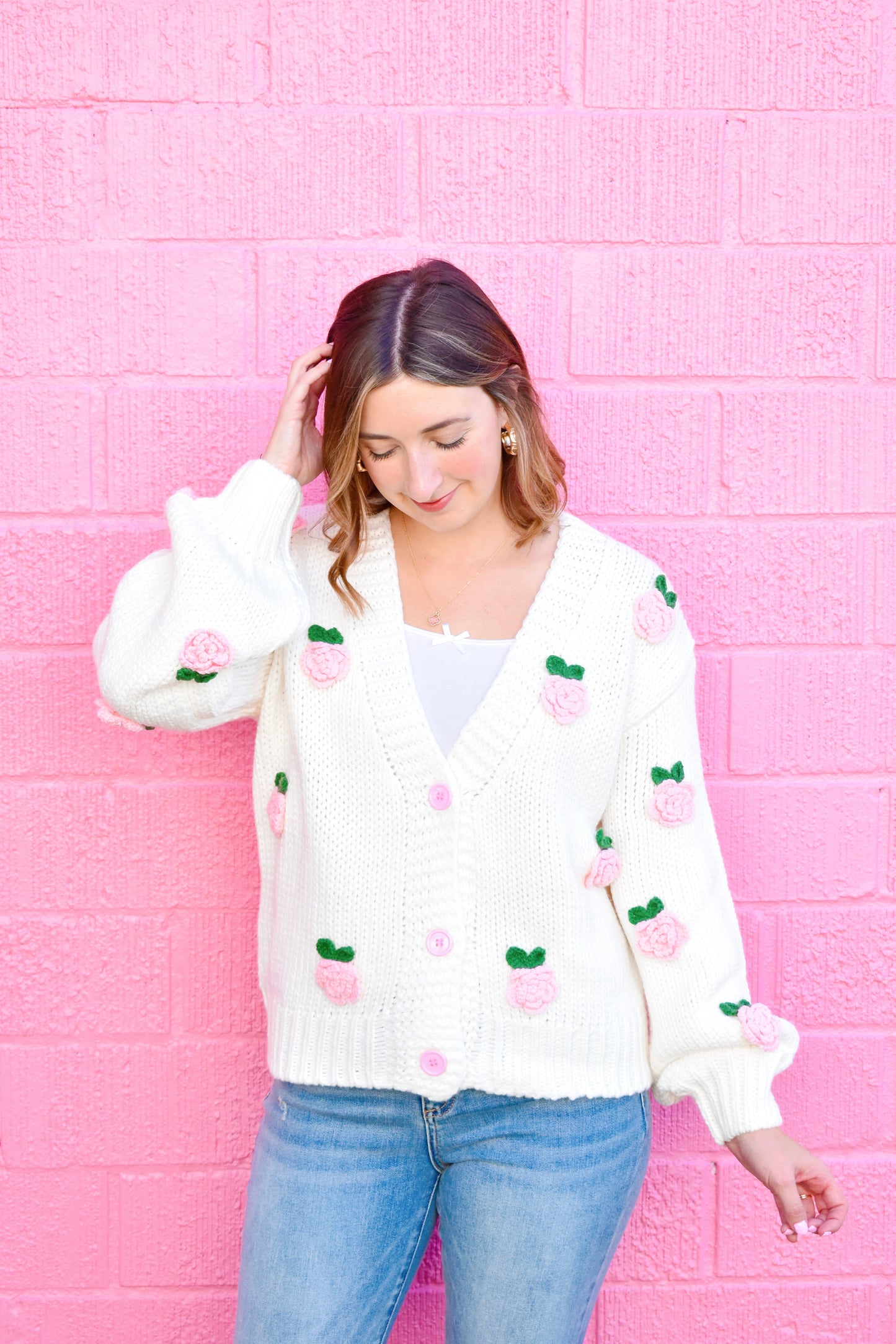 White Rosette Applique Cardigan Sweater