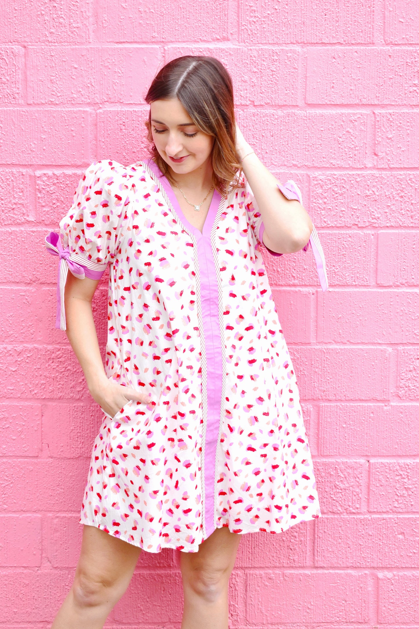 Pink Spotted Contrast Trim Bow Sleeve Dress