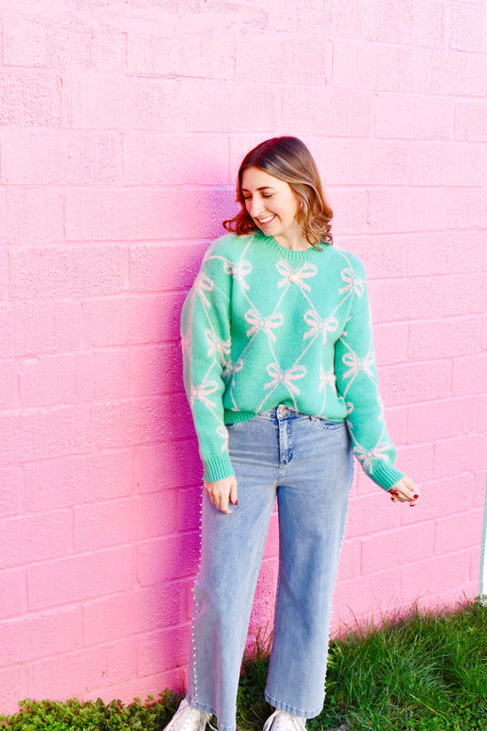 Green & Pink Preppy Bow Sweater