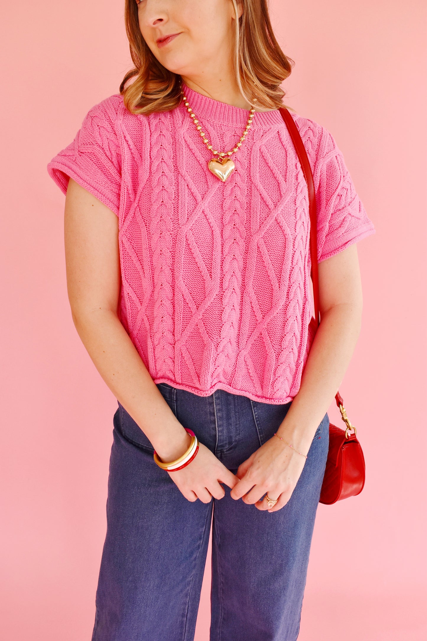 Pink Cable Knit Short Sleeve Sweater