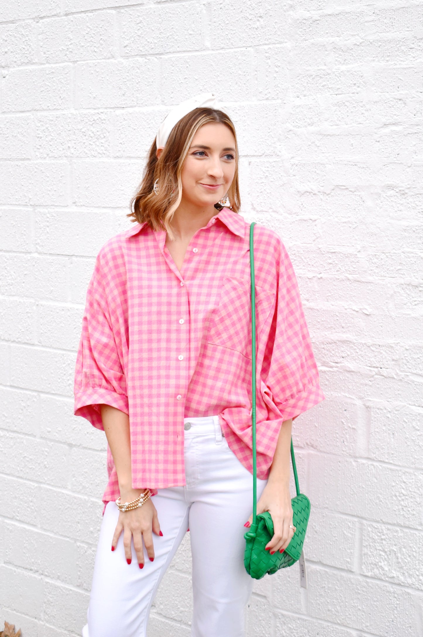Pink Gingham Collared Button Down Shirt