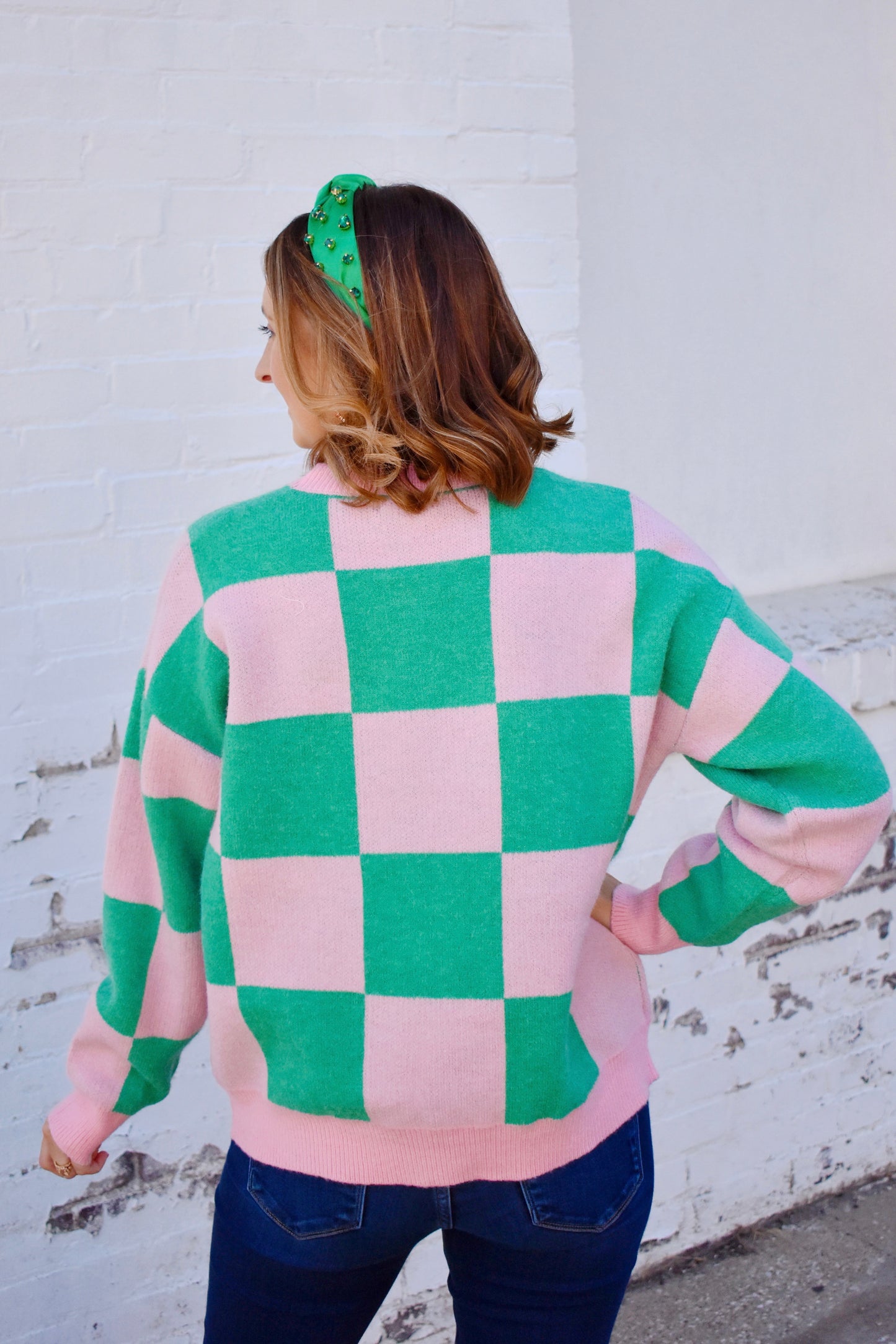 Load image into Gallery viewer, Pink &amp;amp; Green Checkered Sweater
