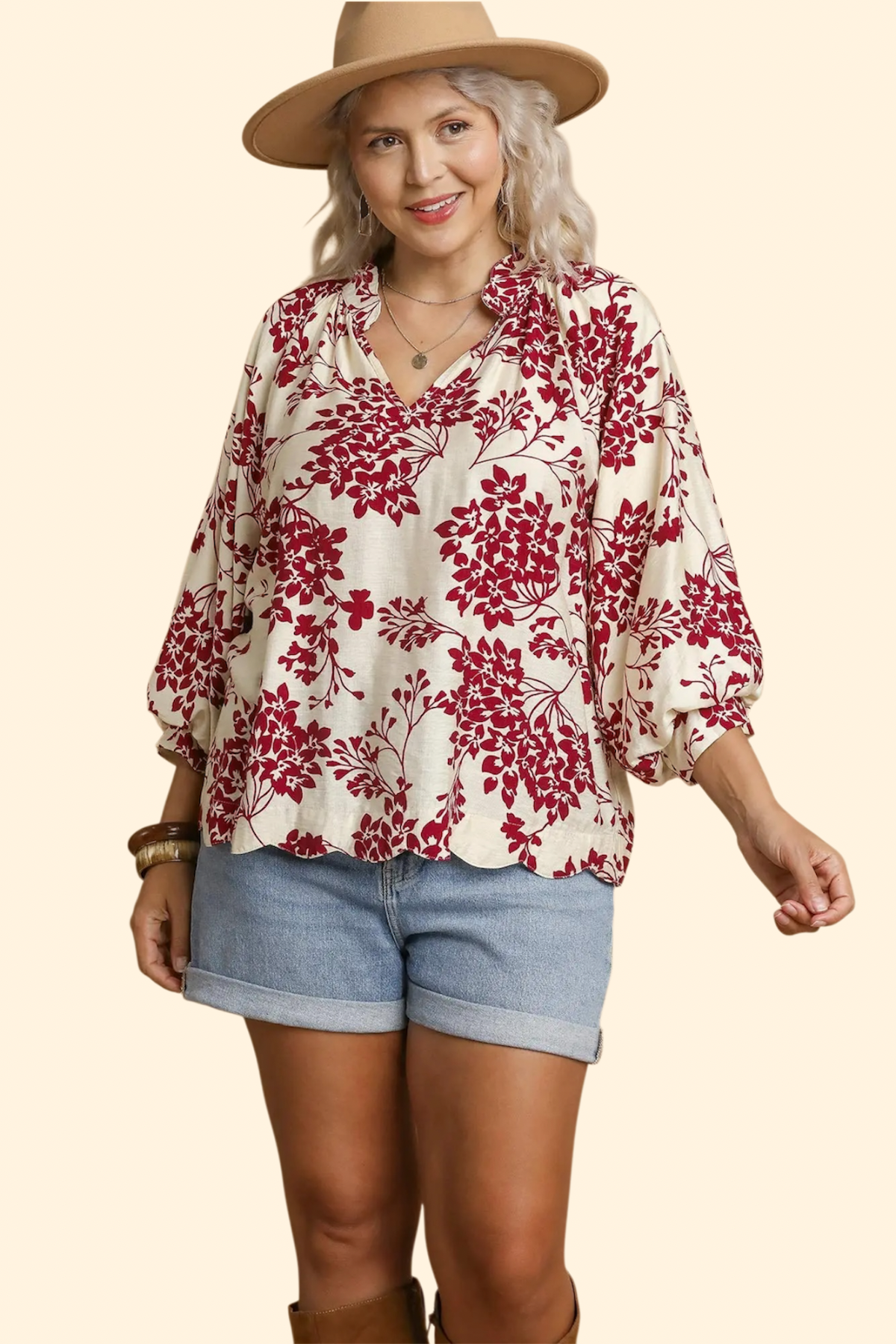 Plus Garnet Cherry Blossom Print Scallop Hem Blouse