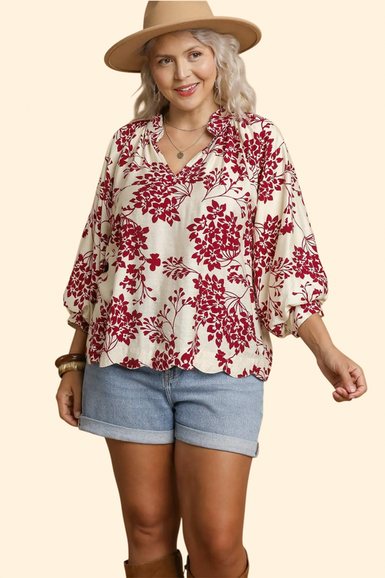 Plus Garnet Cherry Blossom Print Scallop Hem Blouse