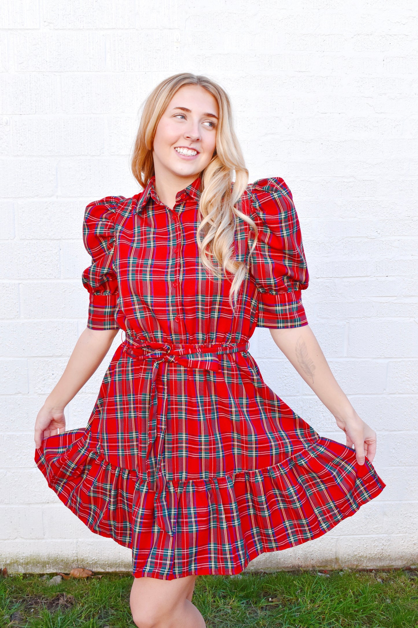 Red Tartan Plaid Tie Waist Dress