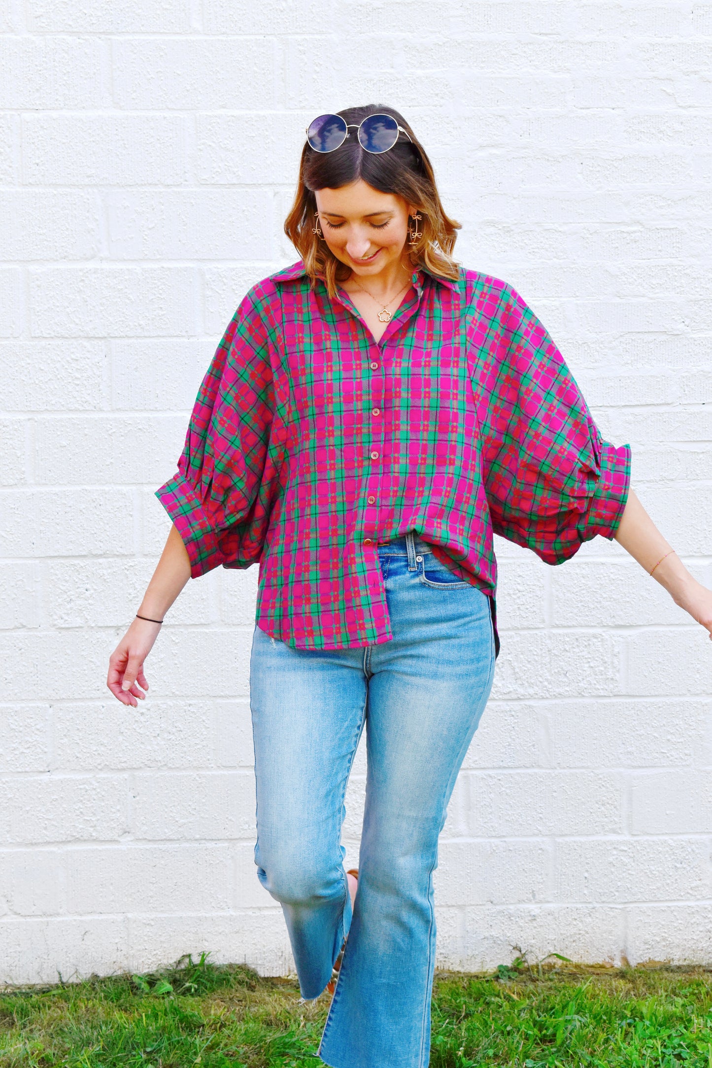 Magenta Plaid Oversized Button Up Top