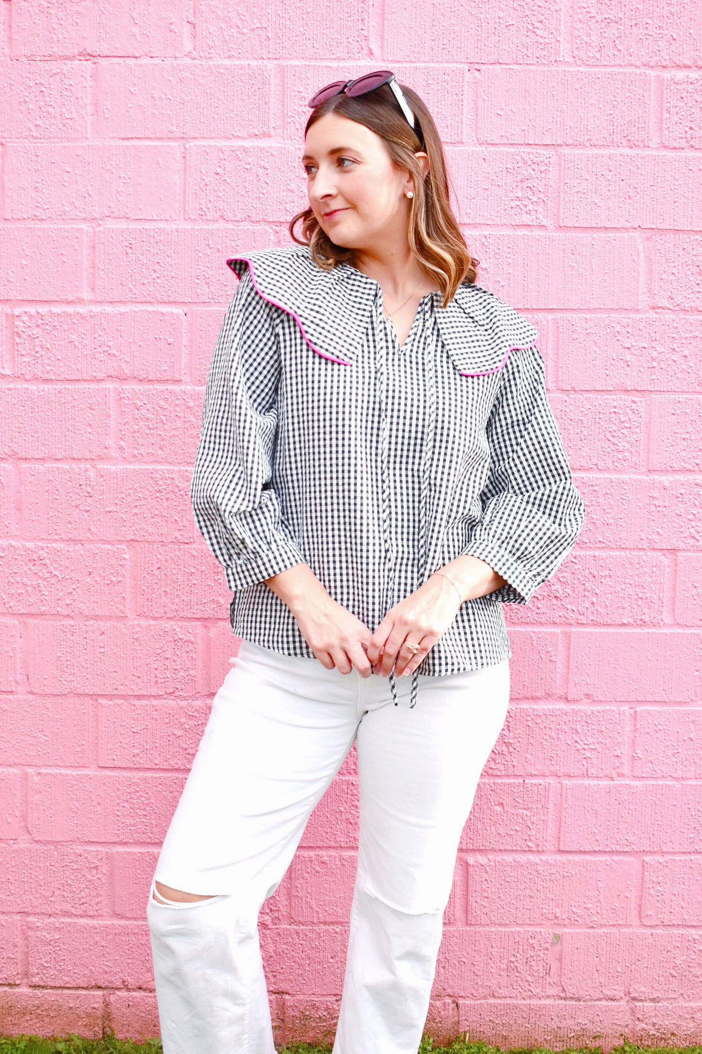 Black Gingham Pink Trim Collared Blouse