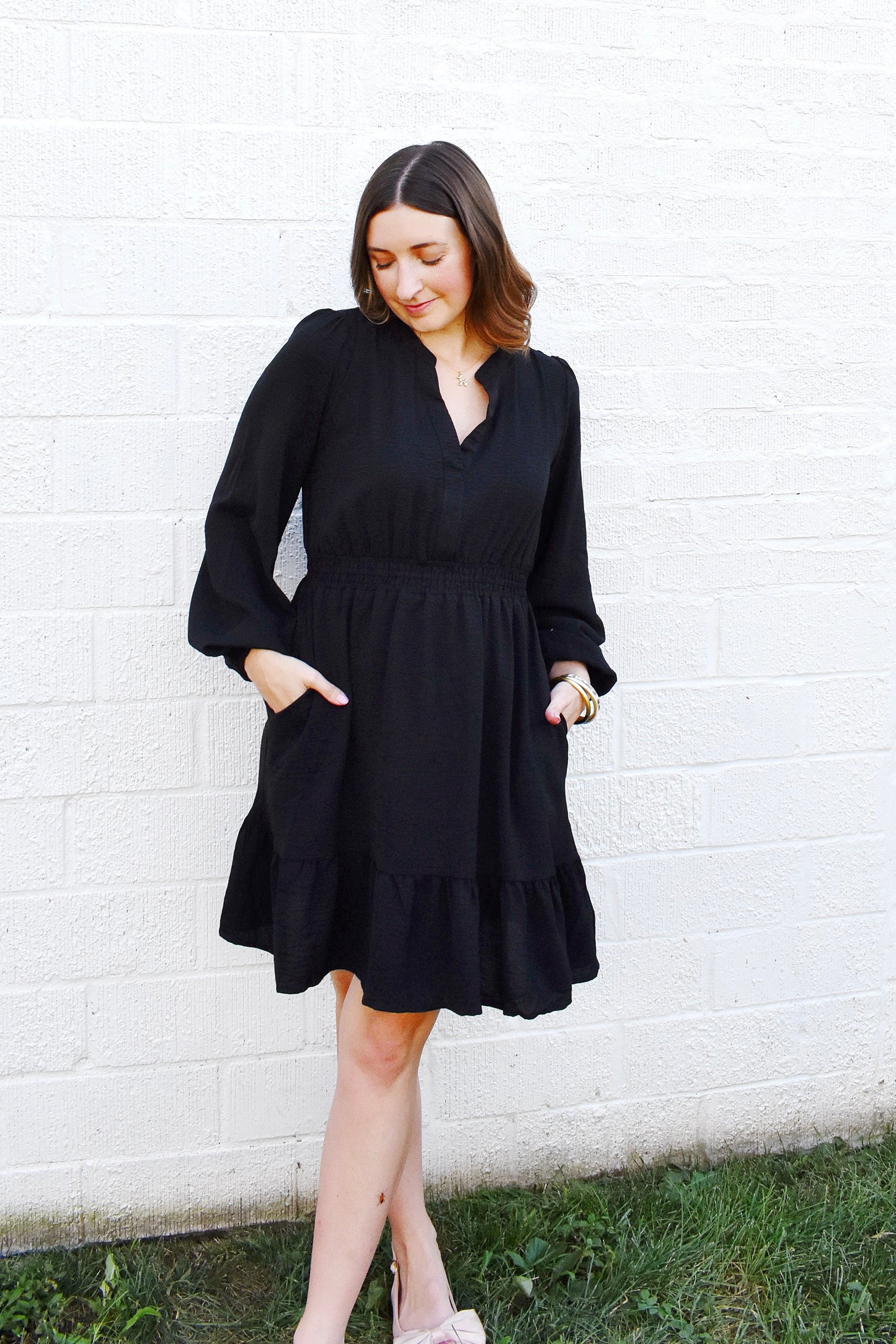 Black Smocked Waist Long Sleeve Dress