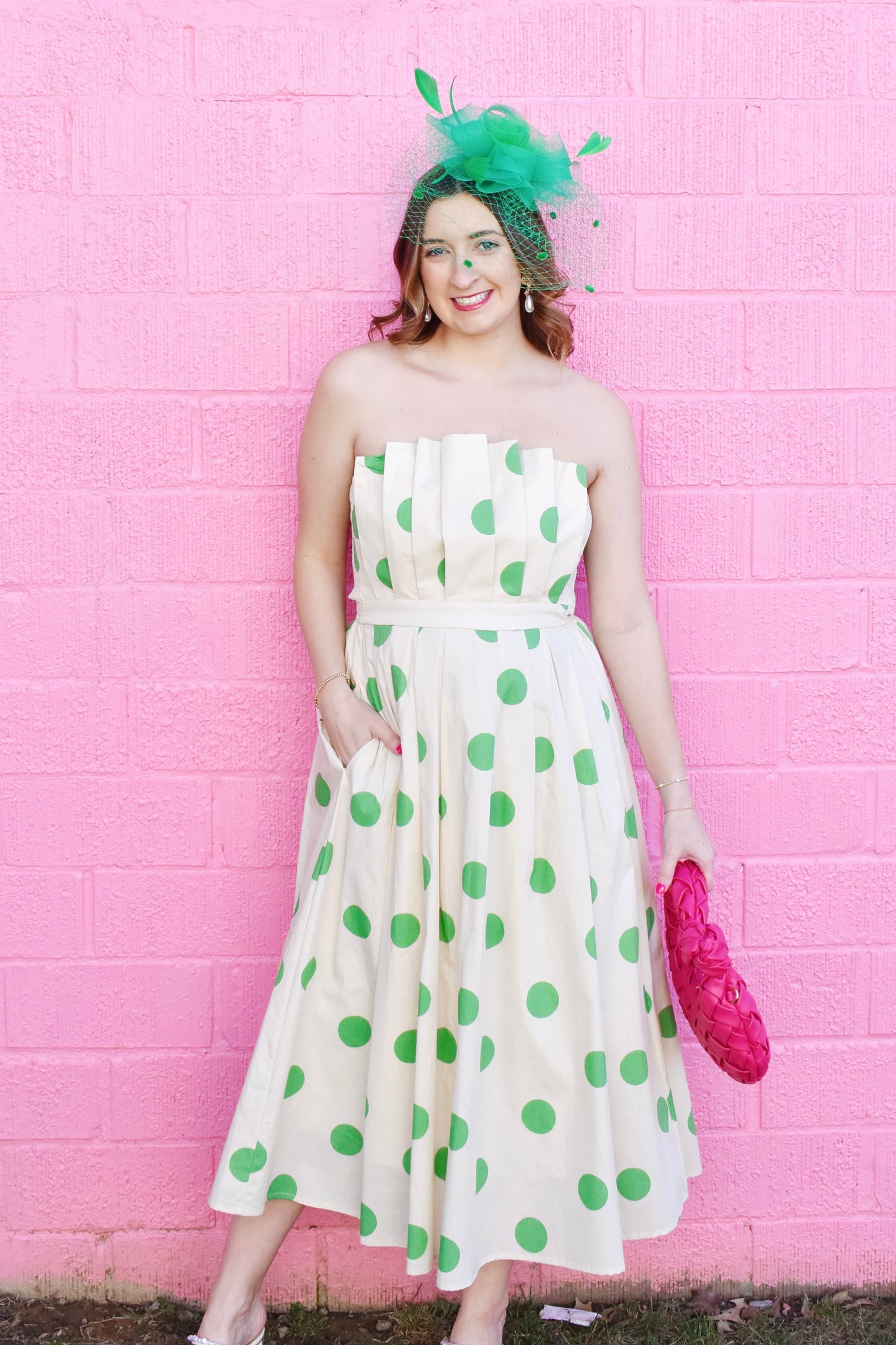 Kelly Green Polka Dot Pleated Bust Midi Dress