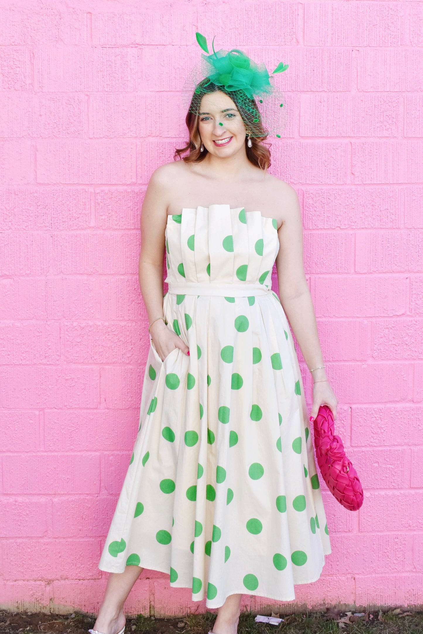 Kelly Green Polka Dot Pleated Bust Midi Dress Confetti Boutique Kelly Green Polka Dot Pleated Bust Midi Dress Confetti Boutique
