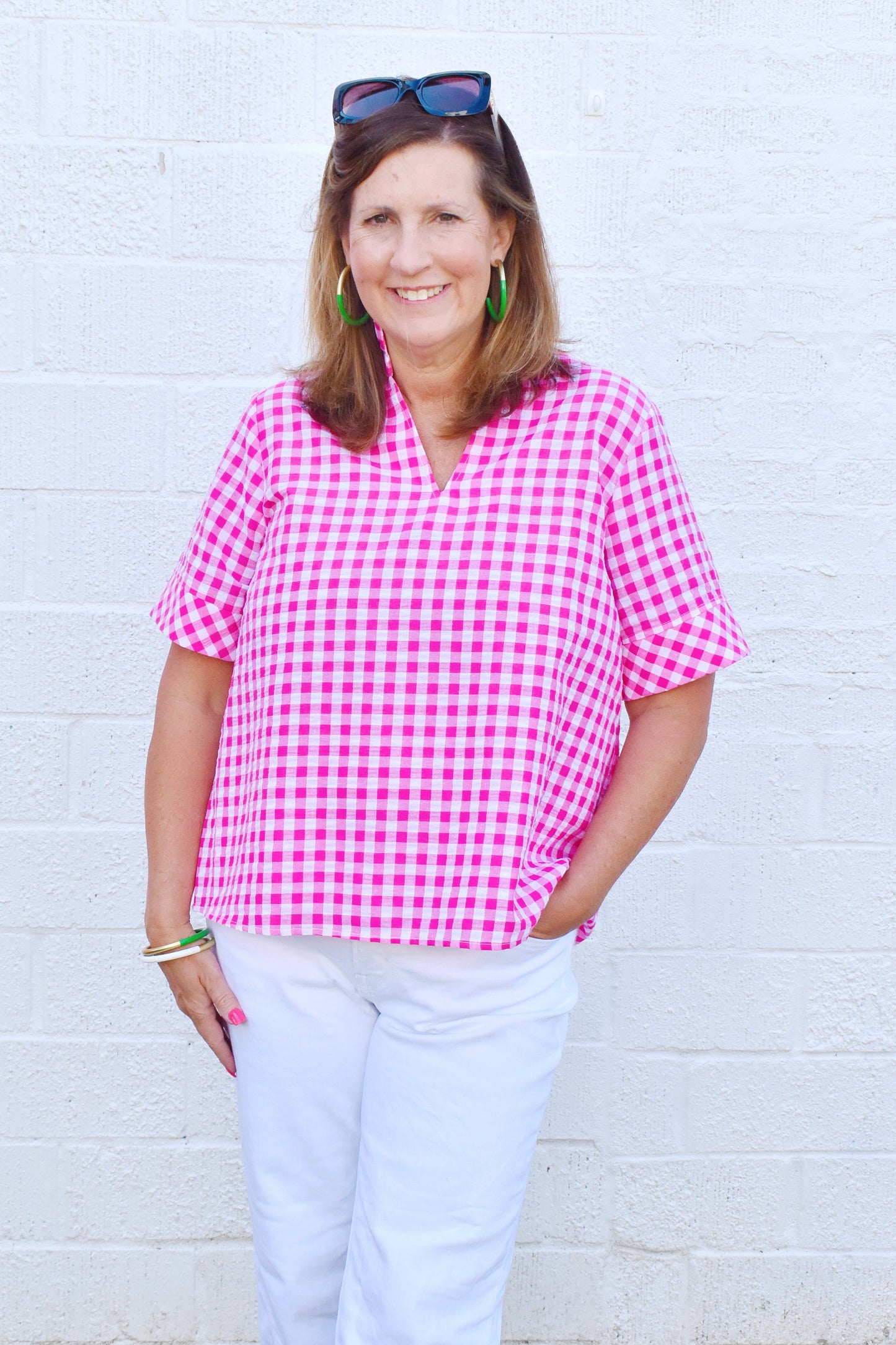 Hot Pink Gingham Frill Neck Blouse