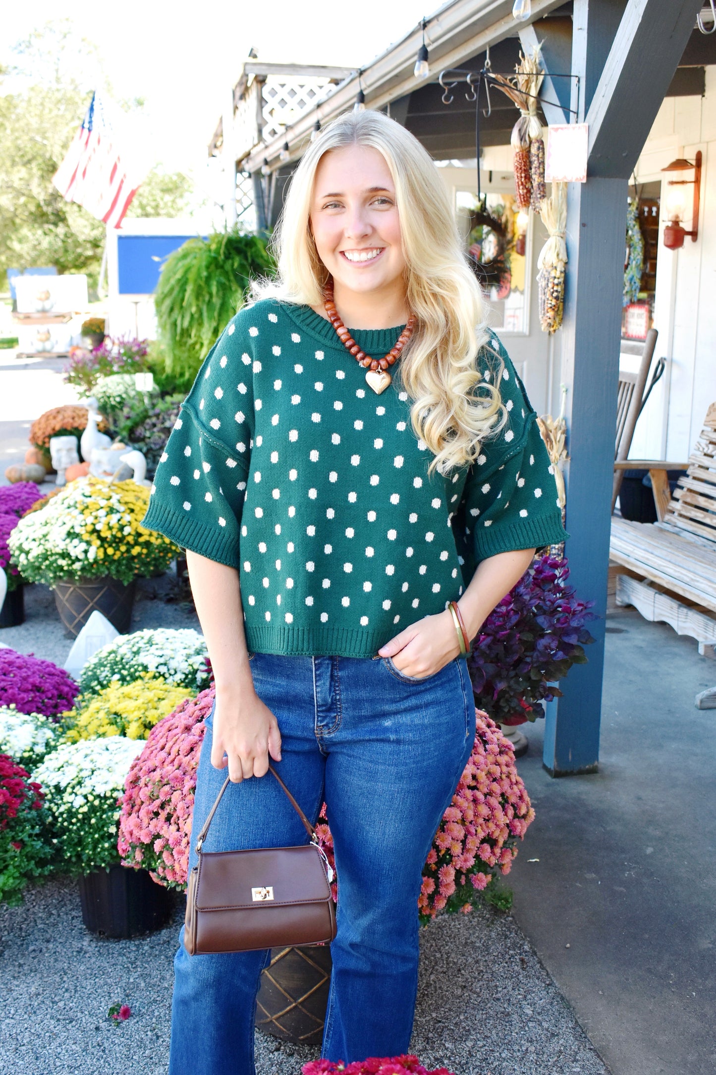 Hunter Green Polka Dot Sweater Top