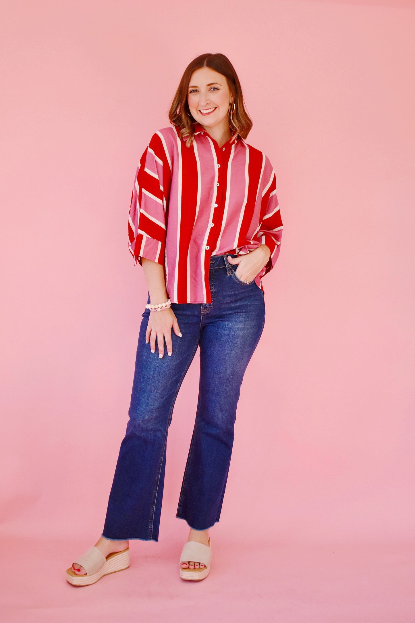 Rust Pink Striped Button Down Blouse