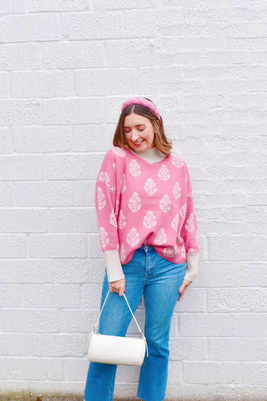 Pink Botanical Printed Mock Neck Sweater