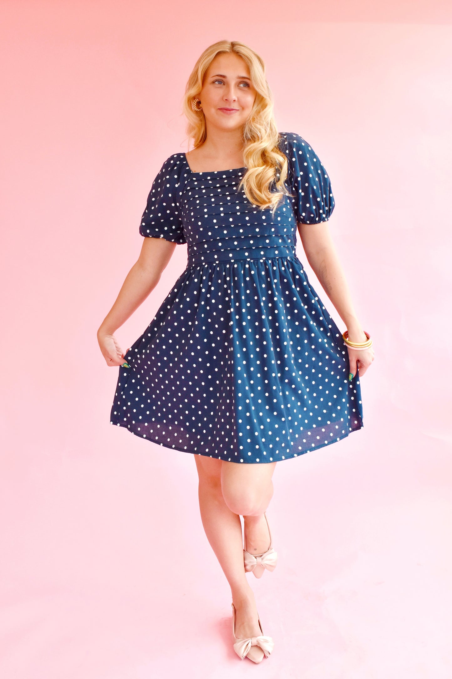 Navy Polka Dot Babydoll Dress
