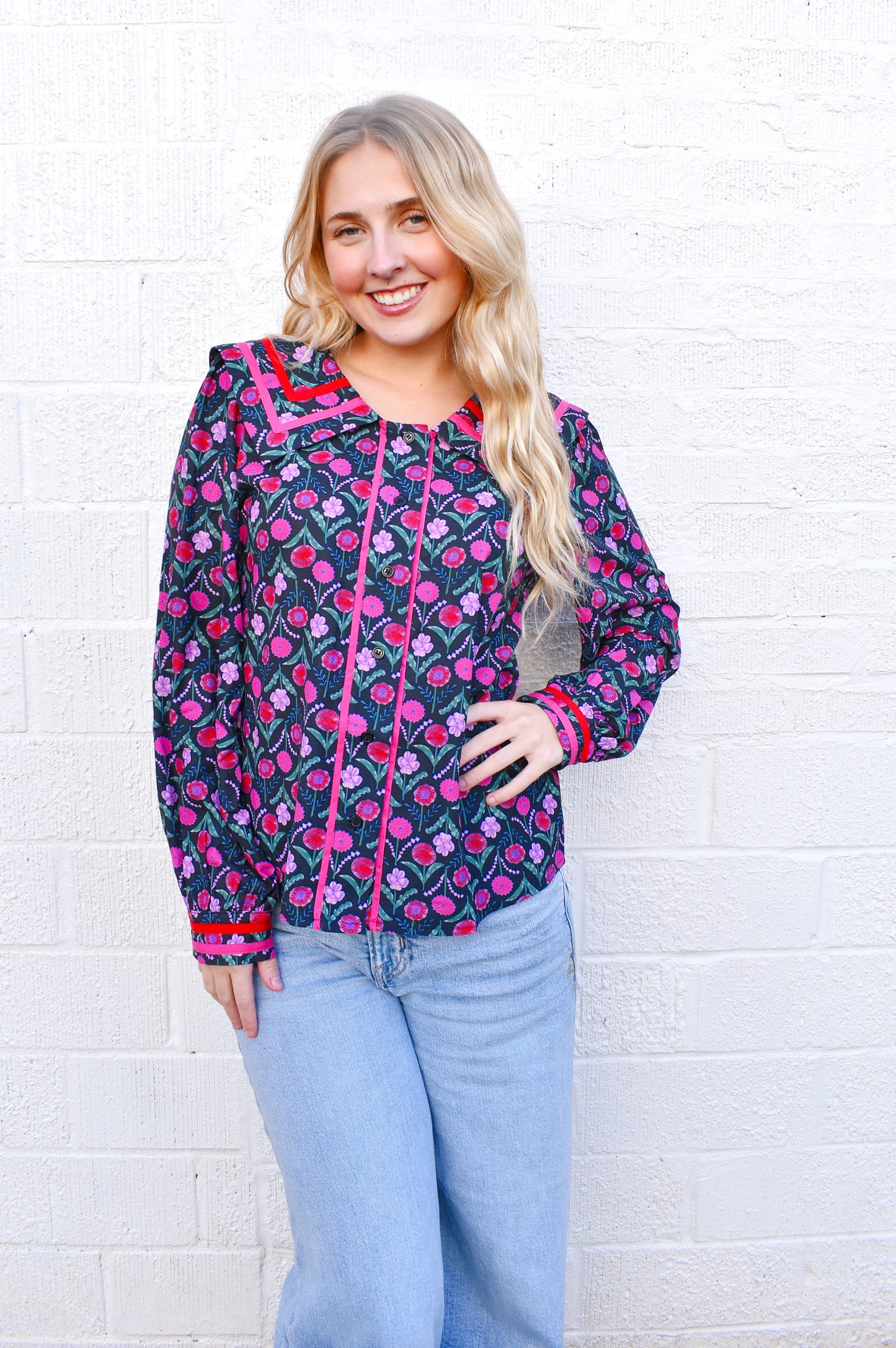 Black Floral Peter Pan Collar Button Down Blouse