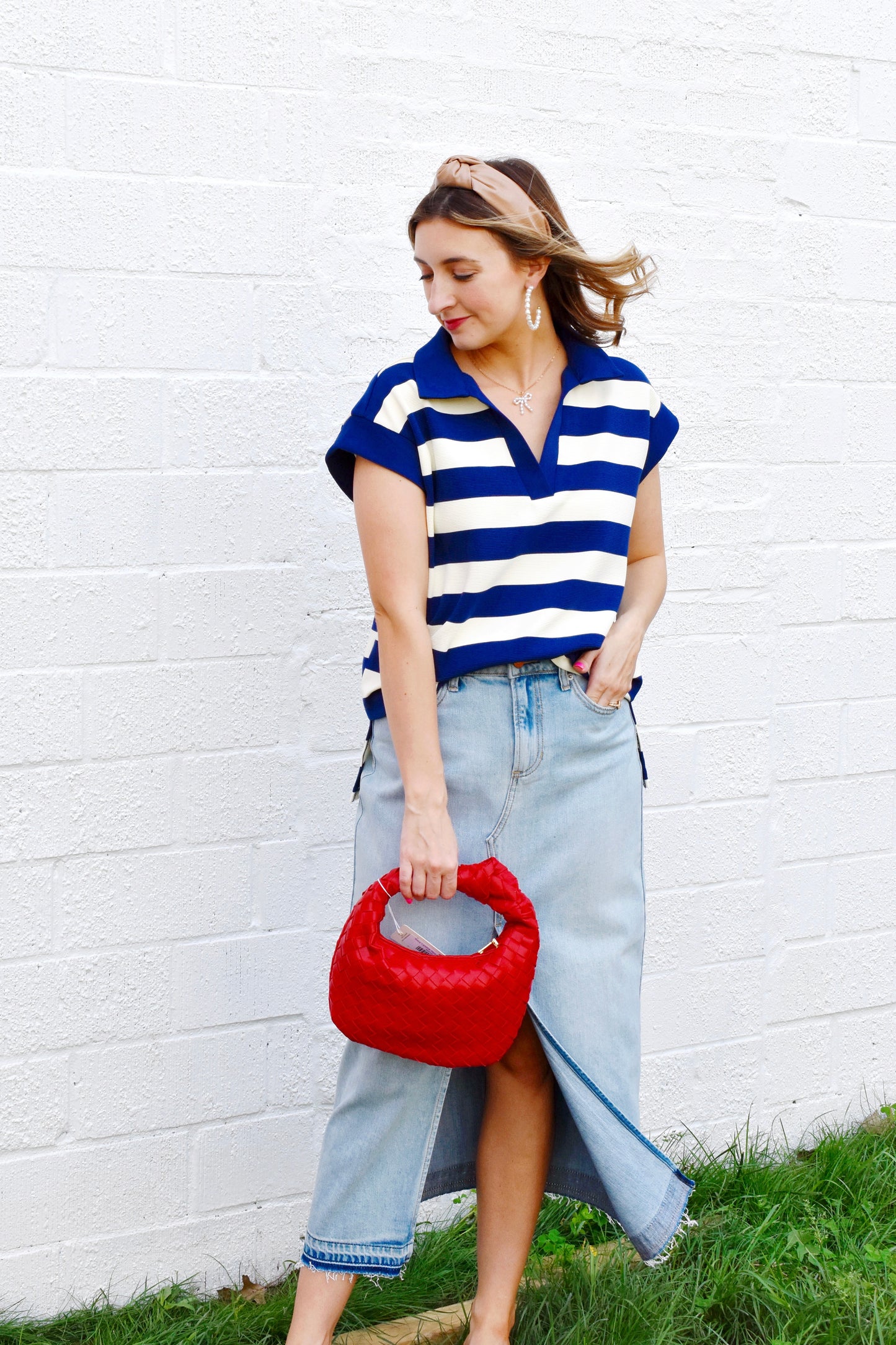 Navy Striped Textured Collared Top
