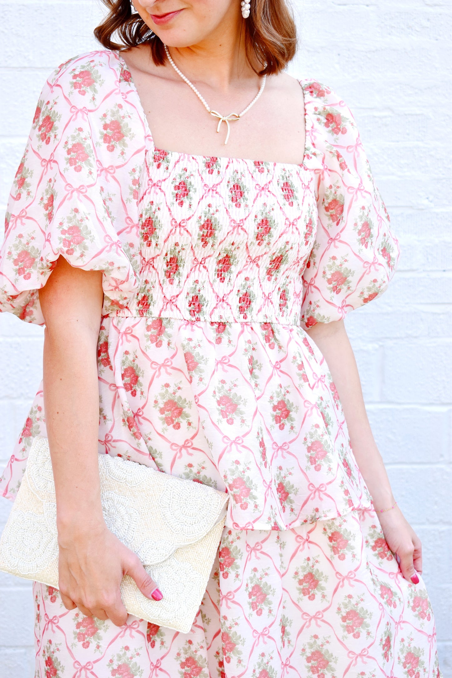 Floral Bow & Rose Printed Tiered Midi Dress