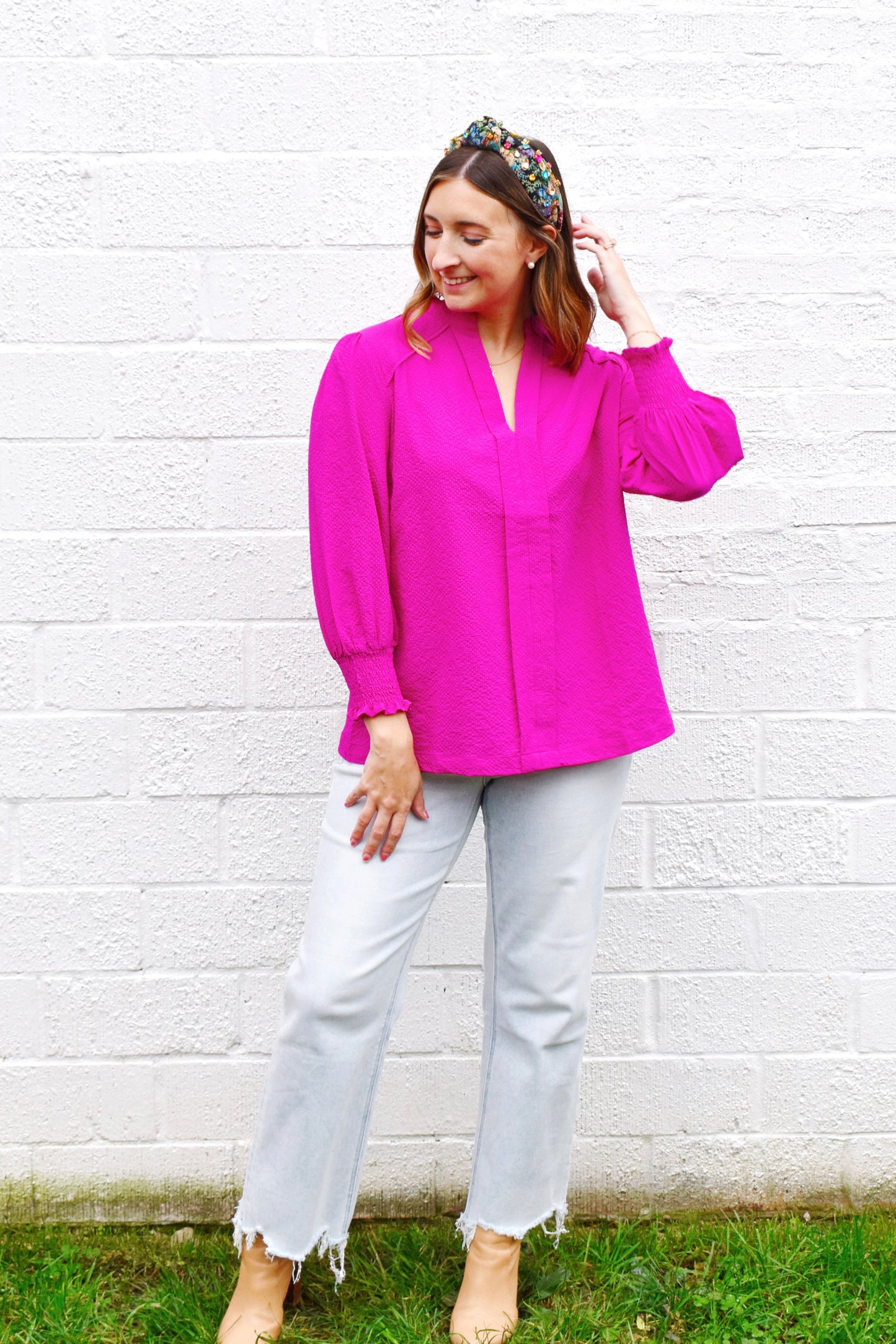 Magenta Smocked Cuff Blouse