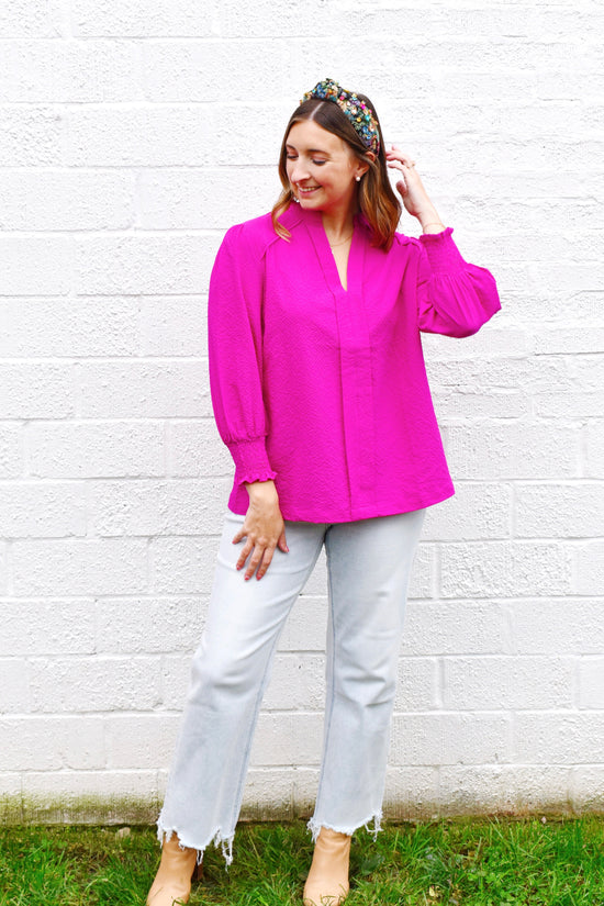 Magenta Smocked Cuff Blouse