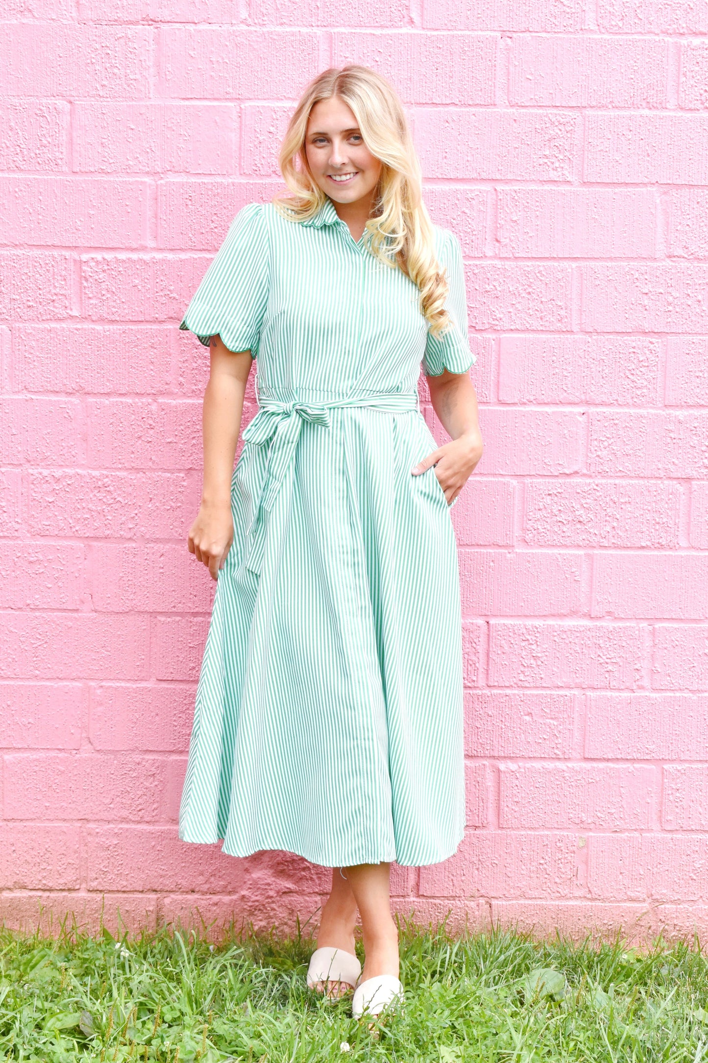 Green Stripe Scallop Sleeve Midi Dress