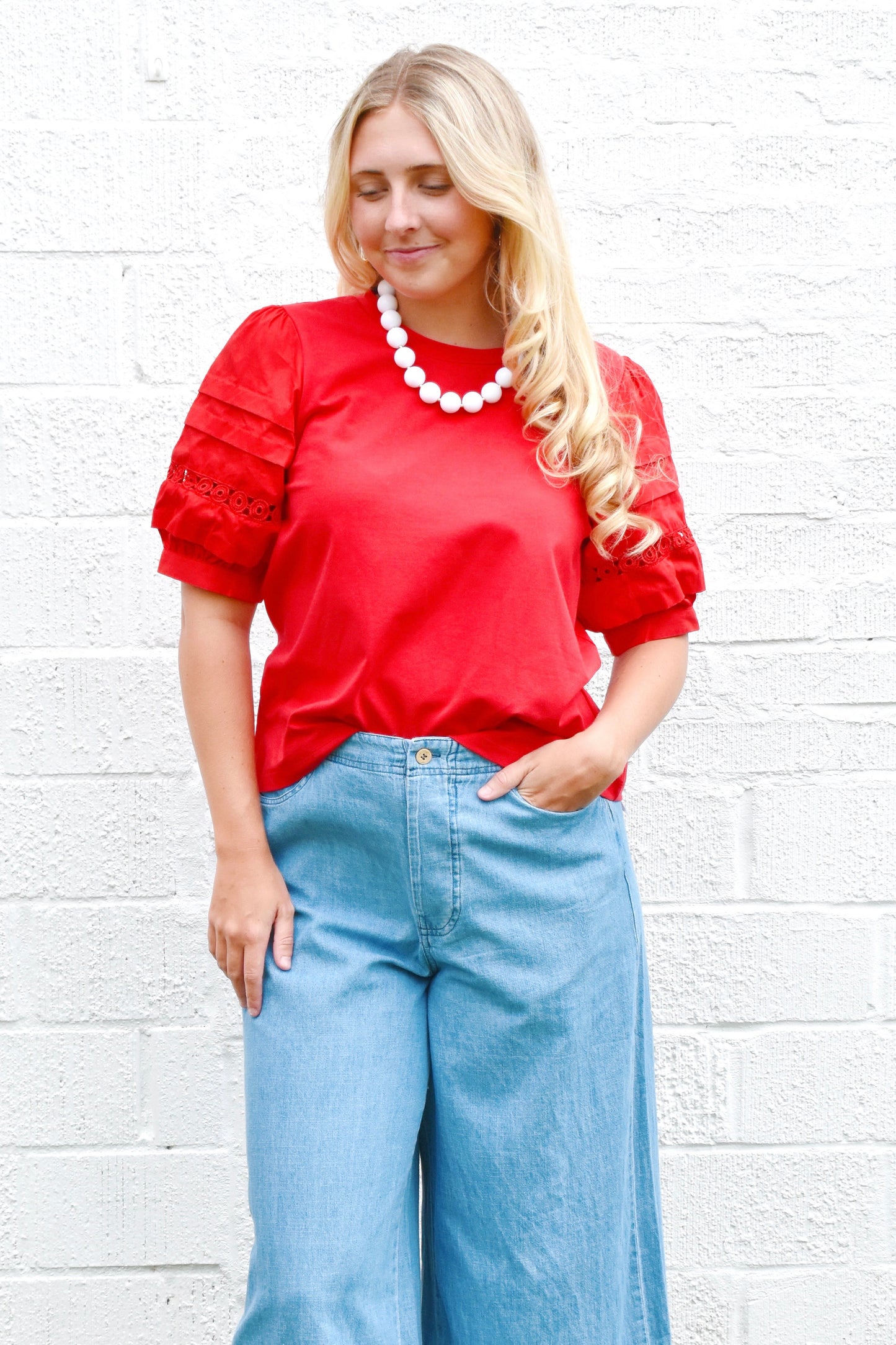 Red Lace Accent Puff Sleeve Top
