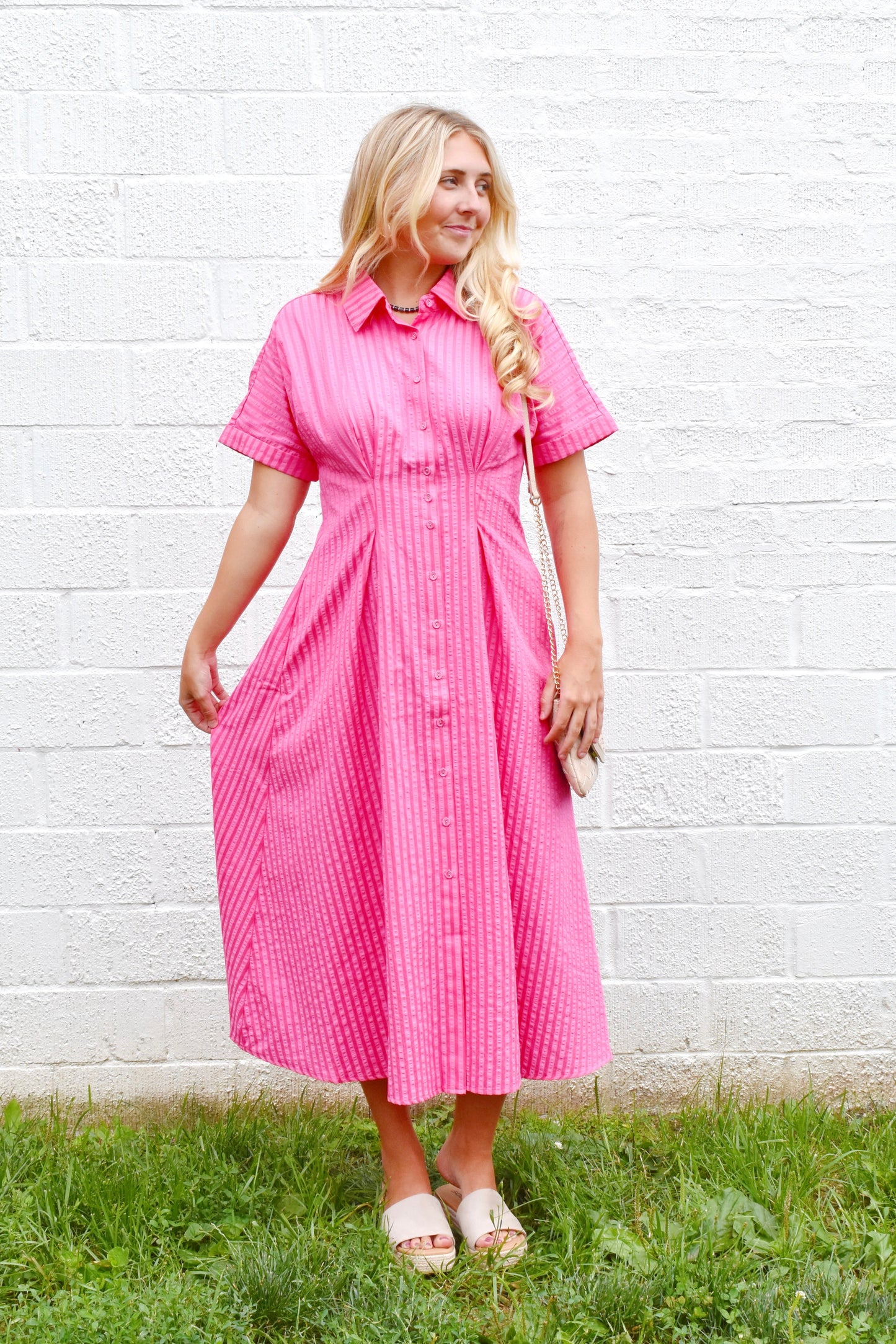Fuchsia Button Up Collared Midi Dress