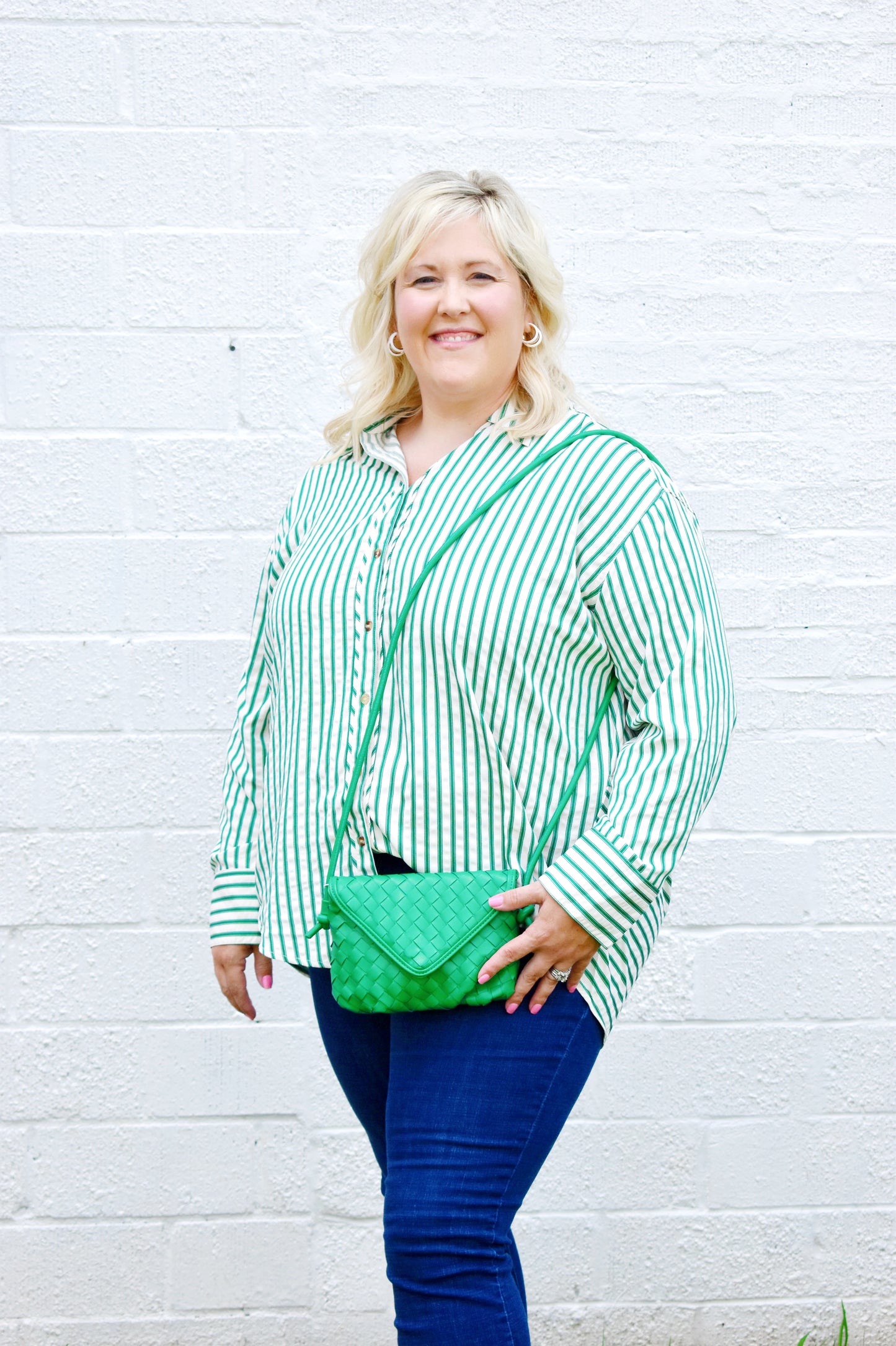 Plus Green Stripe Button Down Top