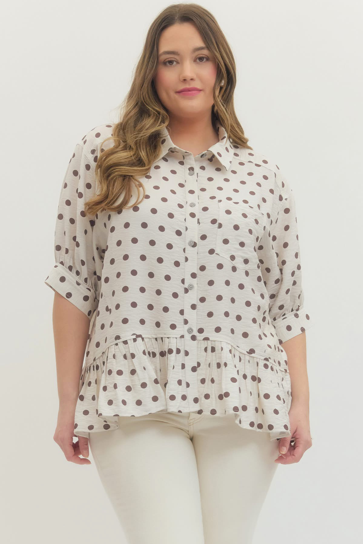 Plus Cream Mocha Polka Dot Ruffle Hem Button Down Top