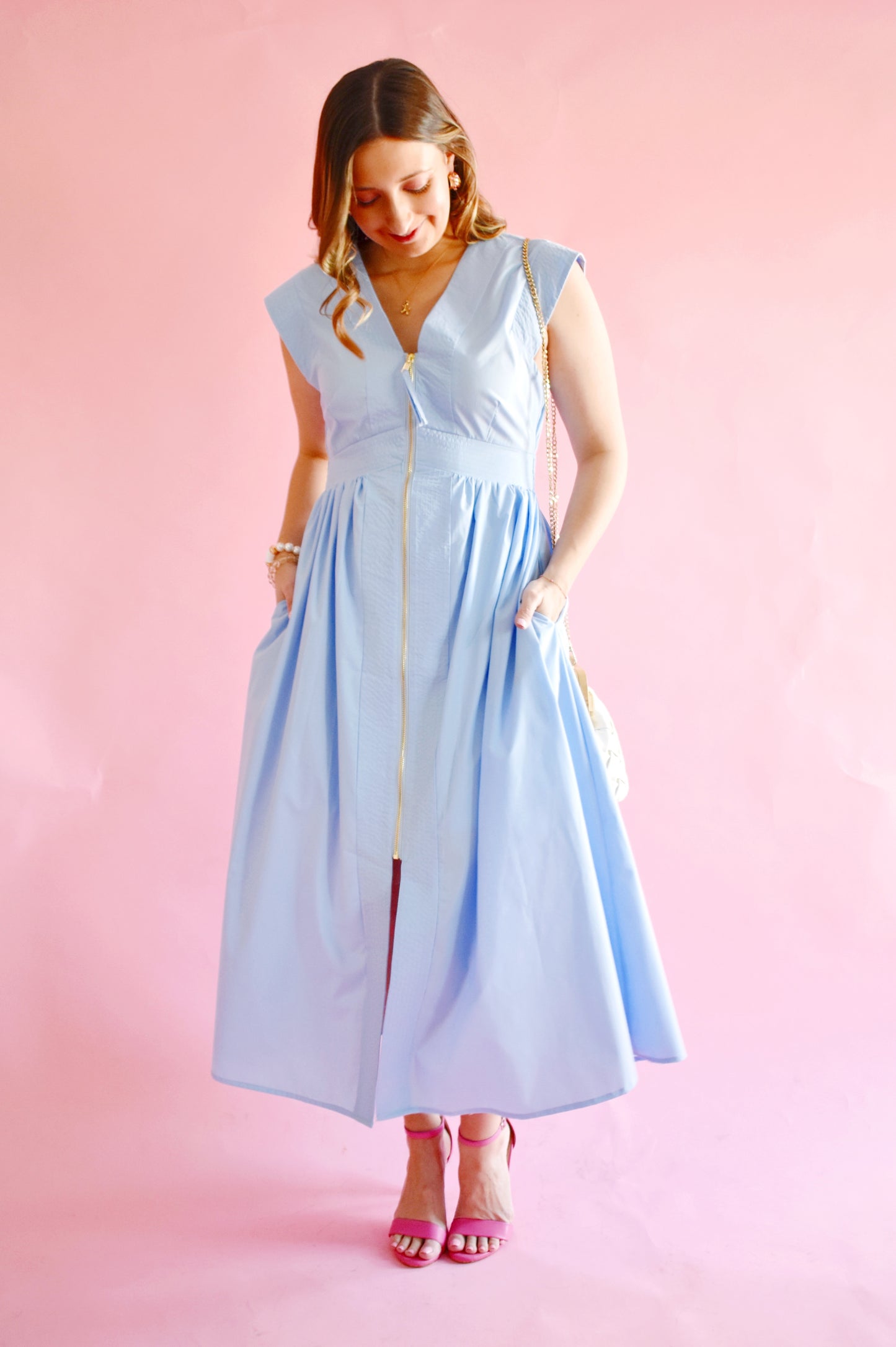 Baby Blue Zip Up Midi Dress